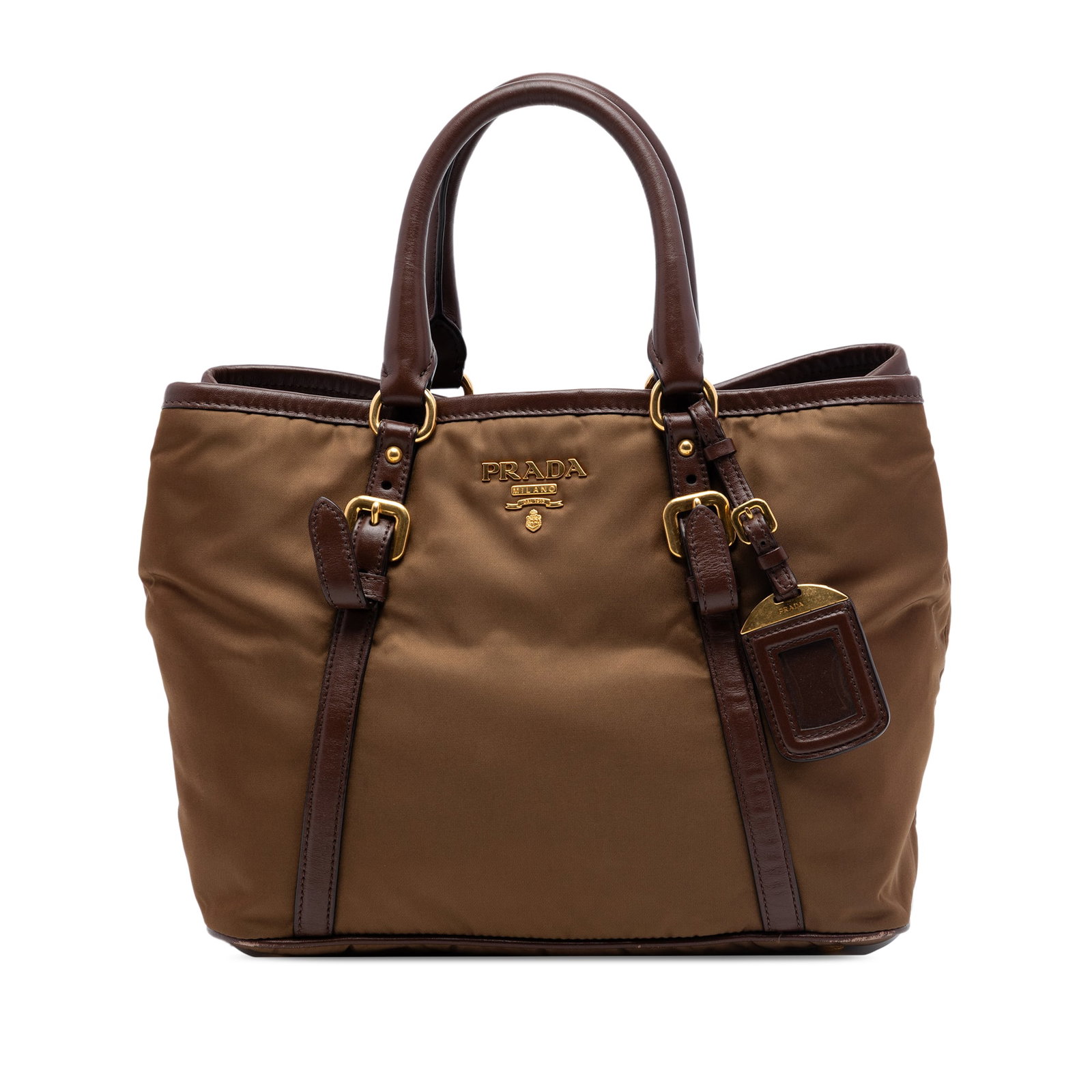 Prada Tessuto Satchel Vitello Daino Leather Trim Brown: Prada Tessuto Satchel Vitello Daino Leather Trim Brown Brown Prada Vitello Daino Trimmed Tessuto Satchel made in Italy. It features a nylon body with leather trim, rolled leather handles, a detachable