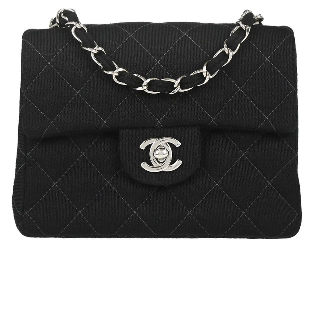 CHANEL Classic Flap Mini Square Cotton Shoulder Bag Black: CHANEL Classic Flap Mini Square Cotton Shoulder Bag Black Chanel Mini Classic Square Flap shoulder bag in black cotton with matelasse quilting and a single chain crossbody strap. The flap turnlock des