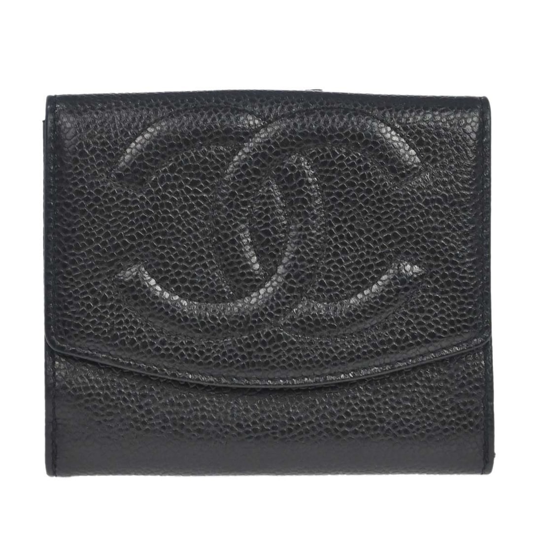 CHANEL CC Caviar Skin Bifold Wallet Black Leather Women: CHANEL CC Caviar Skin Bifold Wallet Black Leather Women Black Chanel bifold wallet in caviar skin with CC pattern and folding design. It is a women's vintage wallet made in Italy and comes with a seri