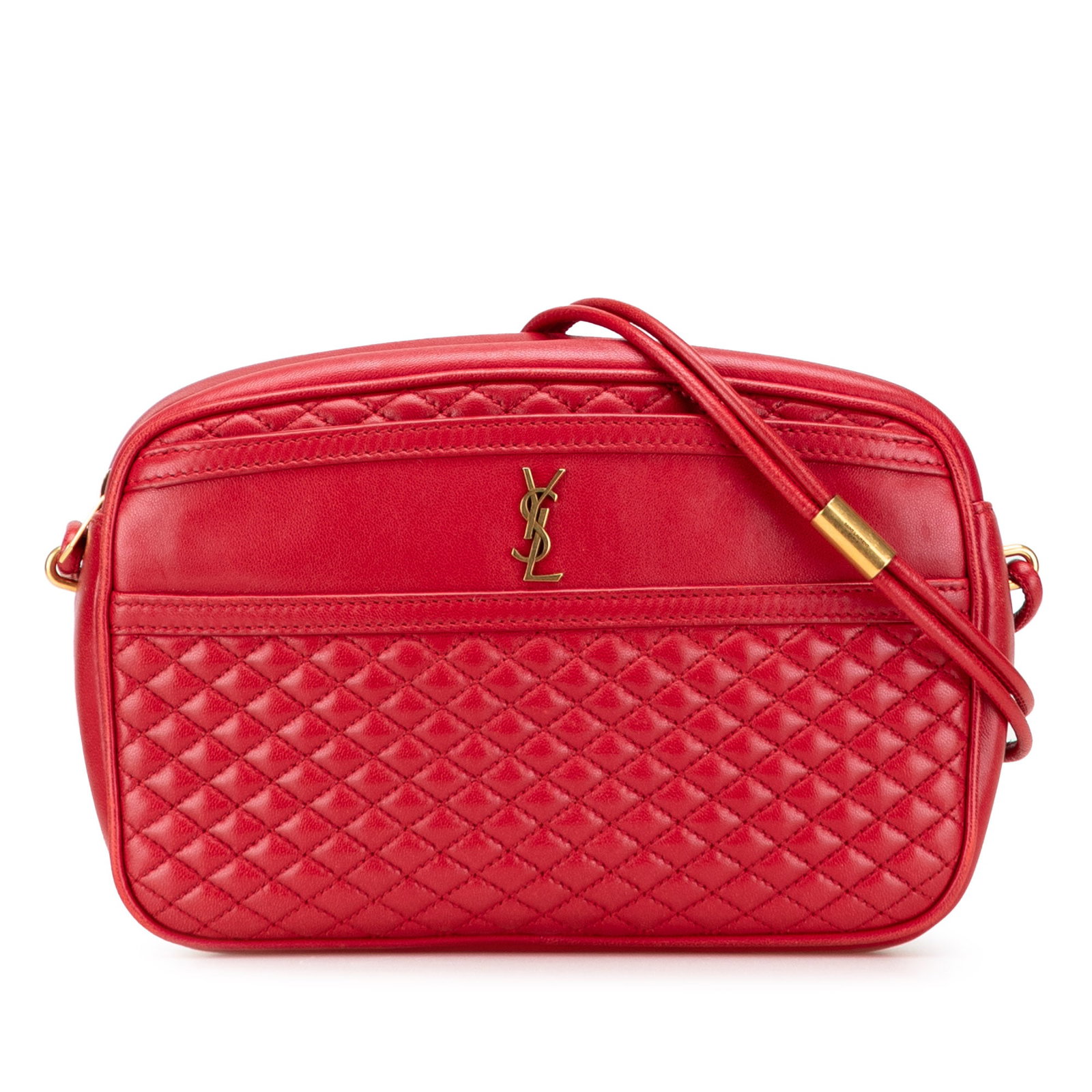 Saint Laurent Red Quilted Lambskin Victoire Camera Bag: Saint Laurent Red Quilted Lambskin Victoire Camera Bag Introducing the Saint Laurent Quilted Lambskin Victoire Camera Bag, a stylish accessory crafted from luxurious lambskin leather. This eye-catchin