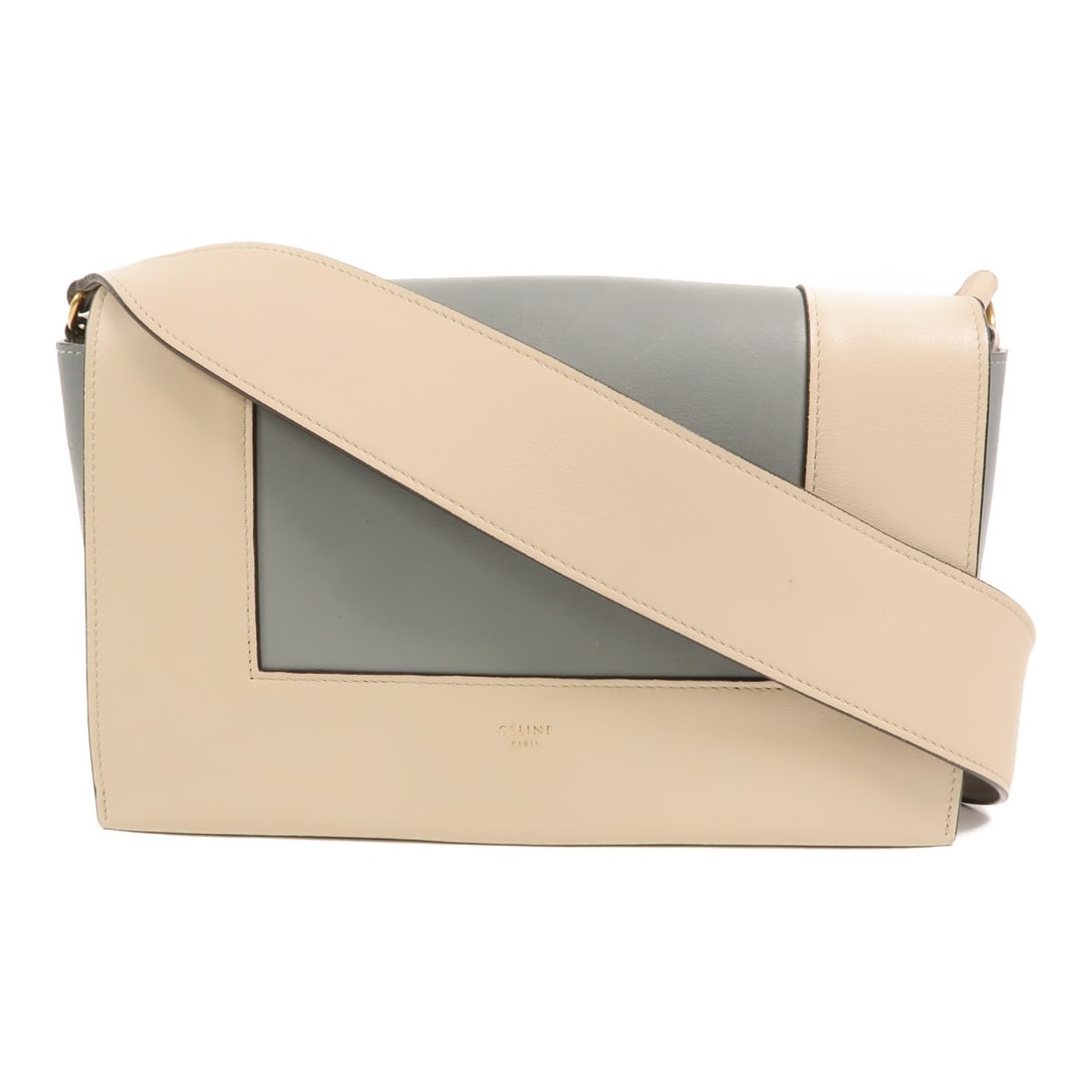 CELINE Frame Shoulder Bag 180263AQO Blue Beige Calfskin Leather: CELINE Frame Shoulder Bag 180263AQO Blue Beige Calfskin Leather A CELINE shoulder bag crafted from calfskin (cowhide) leather in blue with beige accents. It features a flap closure, one open interior 
