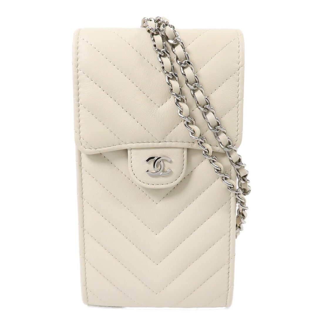 CHANEL AP2164 CC White Lambskin Chain Shoulder Bag SHW: CHANEL AP2164 CC White Lambskin Chain Shoulder Bag SHW White Chanel CC chain shoulder bag in lambskin leather with a magnetic pocket, one exterior open pocket, and two interior card slots. Includes st