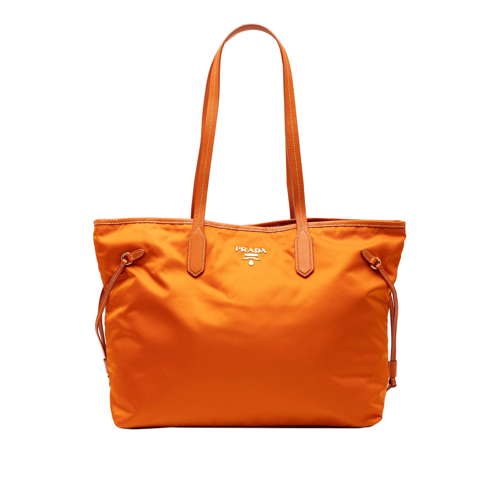 Prada Saffiano Trimmed Tessuto Open Tote Bag Orange: Prada Saffiano Trimmed Tessuto Open Tote Bag Orange The Prada Saffiano Trimmed Tessuto Open Convertible Tote is a stylish and functional satchel crafted from durable nylon with luxurious saffiano leat
