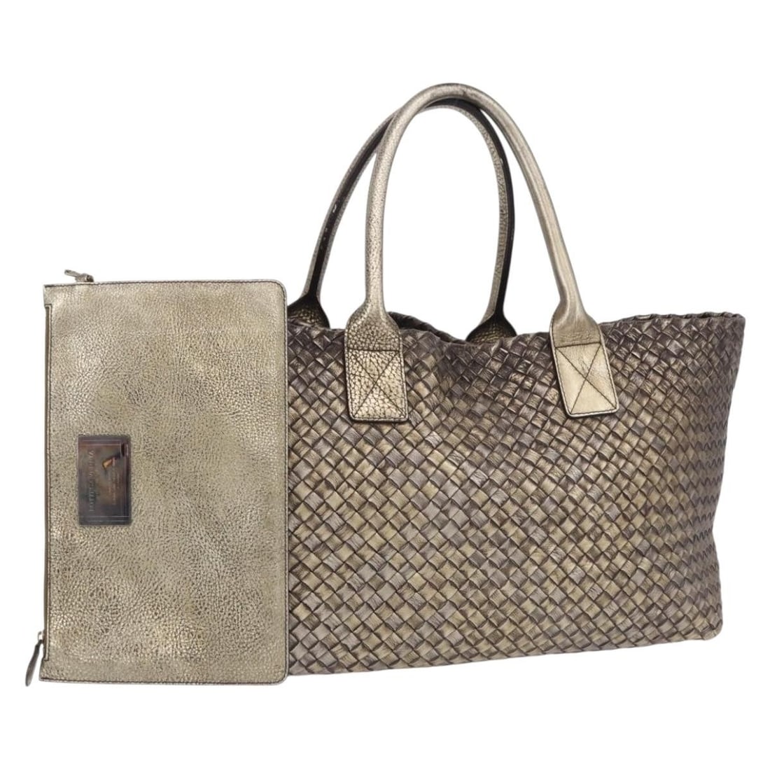 Bottega Veneta 115664 Intrecciato leather cabas tote in gold: Bottega Veneta 115664 Intrecciato leather cabas tote in gold Bottega Veneta Intrecciato Cabas MM tote bag in gold leather. Made in Italy, this women's tote includes a dust bag and pouch. Condition