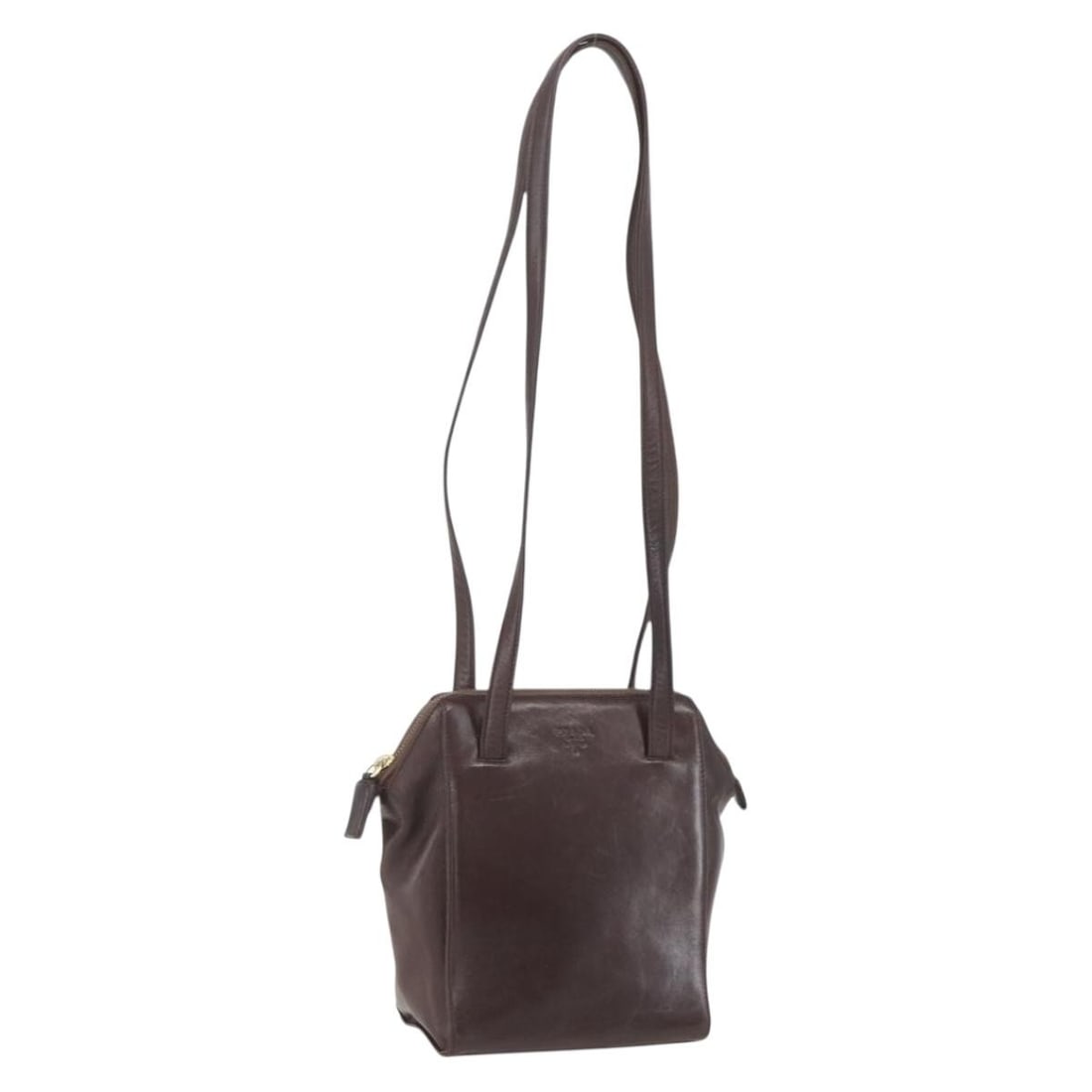 Brown and Gold PRADA Leather Shoulder Bag with Chain Strap: Brown and Gold PRADA Leather Shoulder Bag with Chain Strap This authentic PRADA chain shoulder bag features a brown and gold leather exterior with gold-tone plastic accents. It is designed with a stru