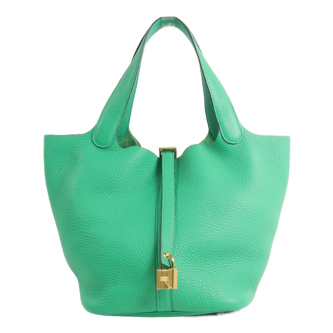 Hermes Picotin MM Taurillon Clemence Menthe Leather Handbag: Hermes Picotin MM Taurillon Clemence Menthe Leather Handbag Hermes Picotin MM handbag in Menthe green, made from Taurillon Clemence and calfskin (cowhide). This women's regular-size handbag is made in
