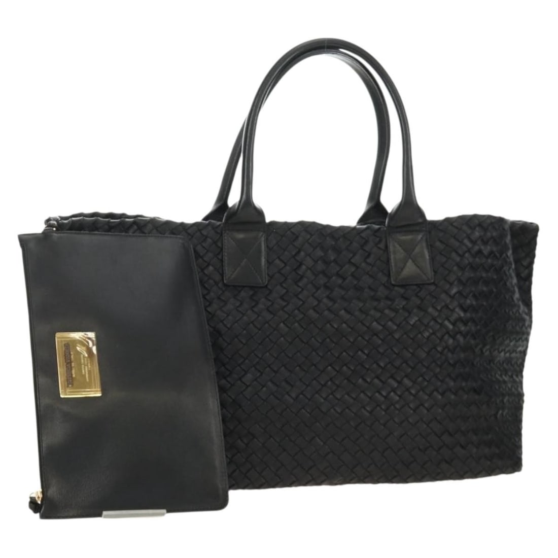 Bottega Veneta Intrecciato Cabas PM Black Leather Handbag with Dust Bag: Bottega Veneta Intrecciato Cabas PM Black Leather Handbag with Dust Bag Bottega Veneta Intrecciato Cabas PM hand bag in black leather, made in Italy. This women's bag comes with a dust bag and pouch, 