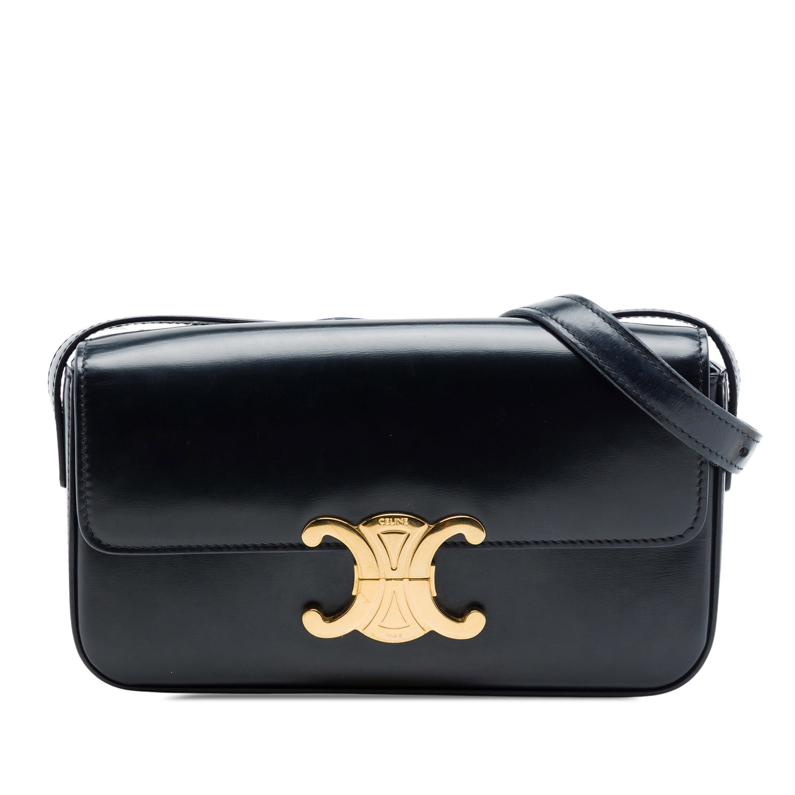 Celine Triomphe Claude black leather shoulder bag: Celine Triomphe Claude black leather shoulder bag Celine Triomphe Claude shoulder bag in shiny calfskin leather with a structured flap-front design and magnetic closure. The bag features a flat leathe