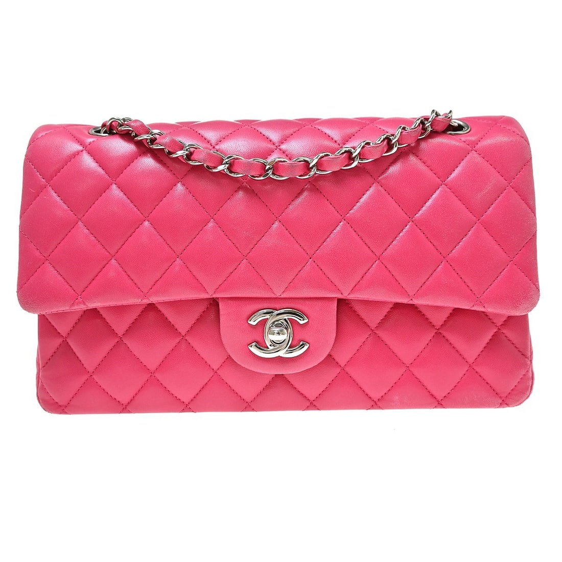 CHANEL Classic Double Flap Medium Pink Lambskin Shoulder Bag: CHANEL Classic Double Flap Medium Pink Lambskin Shoulder Bag Chanel Medium Classic Double Flap shoulder bag in pink lambskin leather with a turn-lock closure and shoulder strap. This women's bag featu