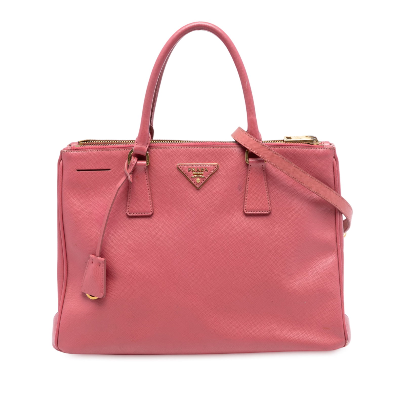 Prada Galleria Pink Saffiano Leather Medium Double Zip Satchel Handbag: Prada Galleria Pink Saffiano Leather Medium Double Zip Satchel Handbag This Prada Medium Saffiano Lux Galleria Double Zip Satchel showcases a sophisticated design with a pink saffiano leather body, ro