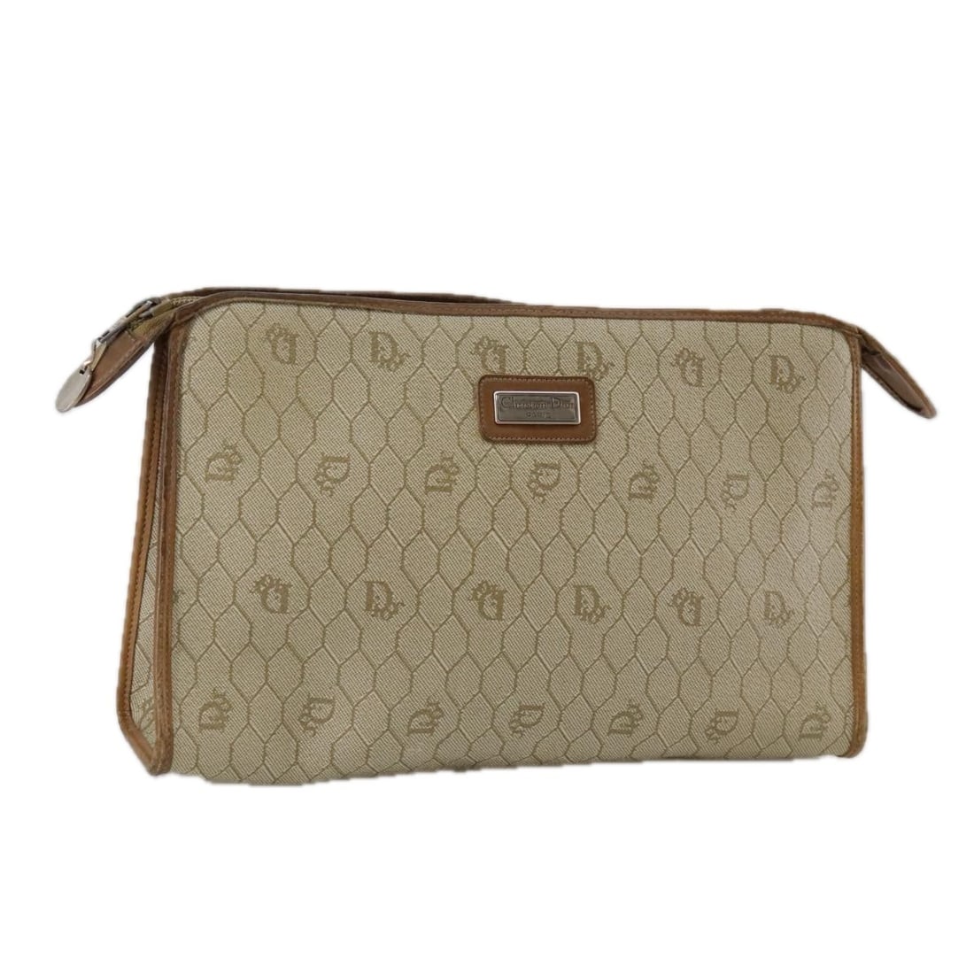 Christian Dior Honeycomb Canvas Zip Pouch Beige: Christian Dior Honeycomb Canvas Zip Pouch Beige This vintage Christian Dior Honeycomb zip pouch is crafted from beige canvas with leather accents. Featuring the iconic honeycomb pattern, it offers a s