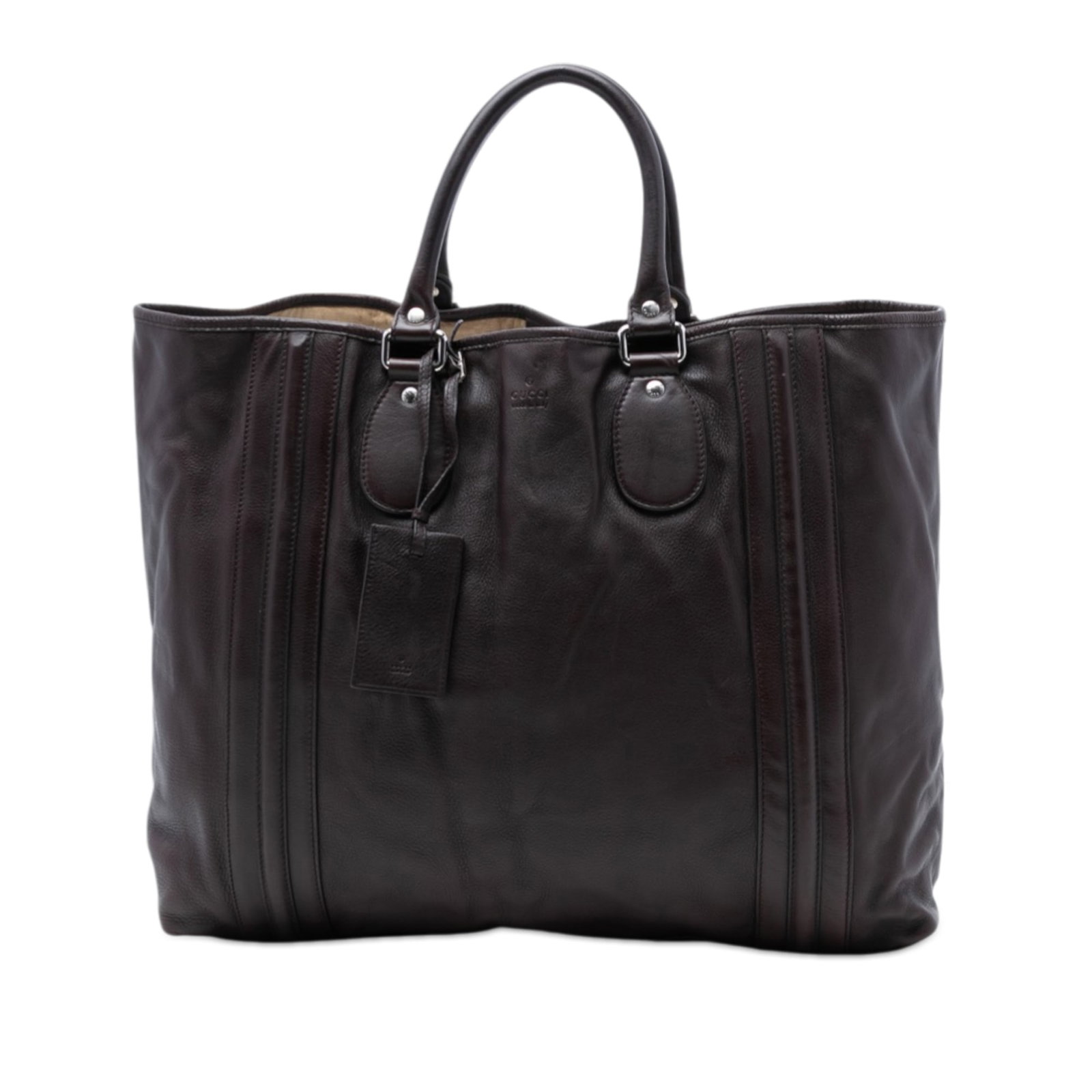Brown Leather Tote Bag by Gucci with Rolled Handles: Brown Leather Tote Bag by Gucci with Rolled Handles This Gucci Leather Tote features a brown leather body with rolled leather handles, an open top secured by a lobster clasp closure, and an interior z
