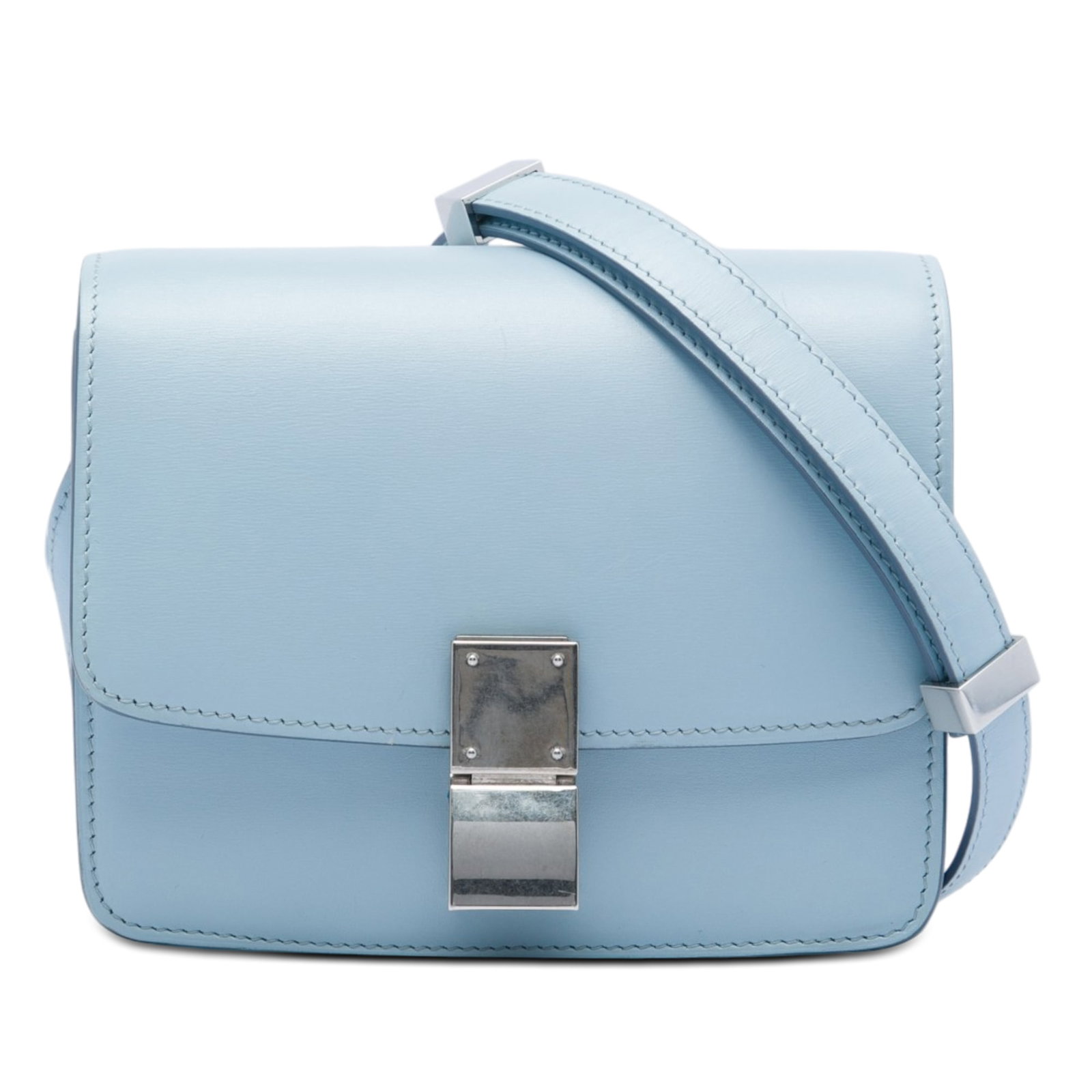 Celine Classic Box Small Calfskin Crossbody Bag Blue: Celine Classic Box Small Calfskin Crossbody Bag Blue Celine Small Calfskin Classic Box crossbody bag in blue leather with a structured flap-front design and push lock closure. The interior includes sl