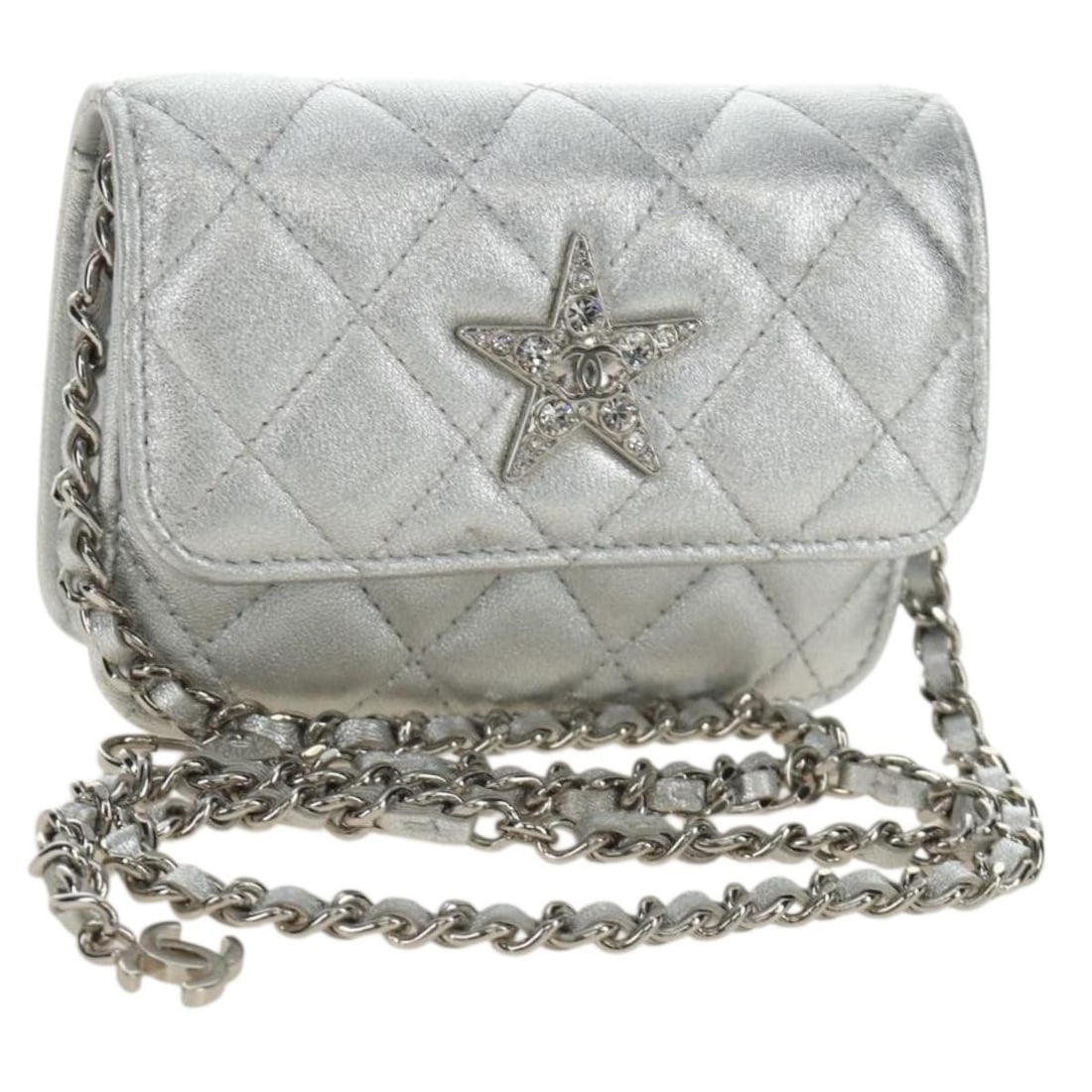 CHANEL Matelasse Lamb Skin Shoulder Bag Silver CC: CHANEL Matelasse Lamb Skin Shoulder Bag Silver CC Chanel Matelasse chain shoulder bag in silver lamb skin. This women's shoulder bag is made in Italy and includes only the item shown; the item box and