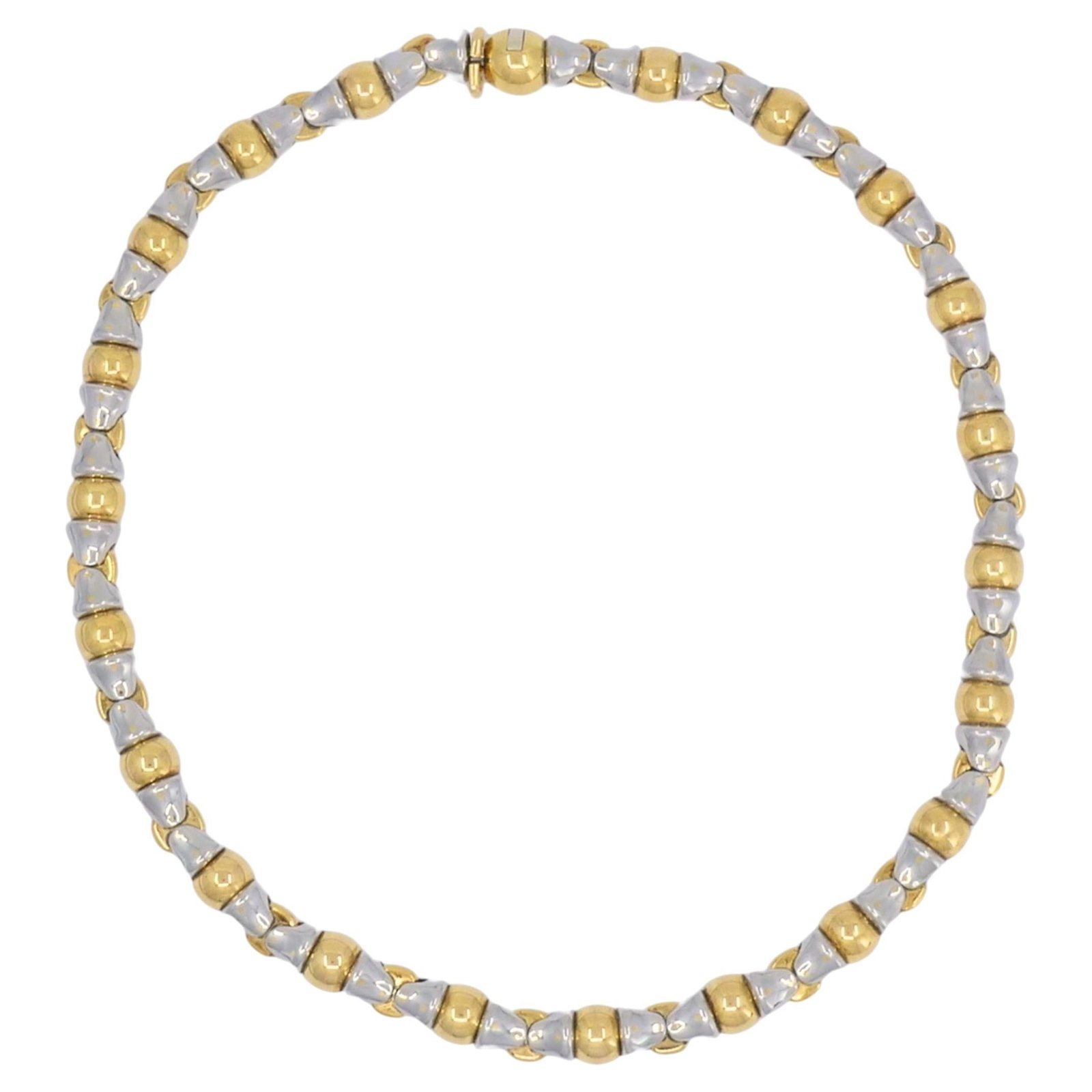 Bulgari 18k Gold and Stainless Steel Vintage Collar Necklace: Bulgari 18k Gold and Stainless Steel Vintage Collar Necklace Vintage Bulgari collar necklace from 1990, made of 18k gold and stainless steel. It features a repeating link design with polished gold ele