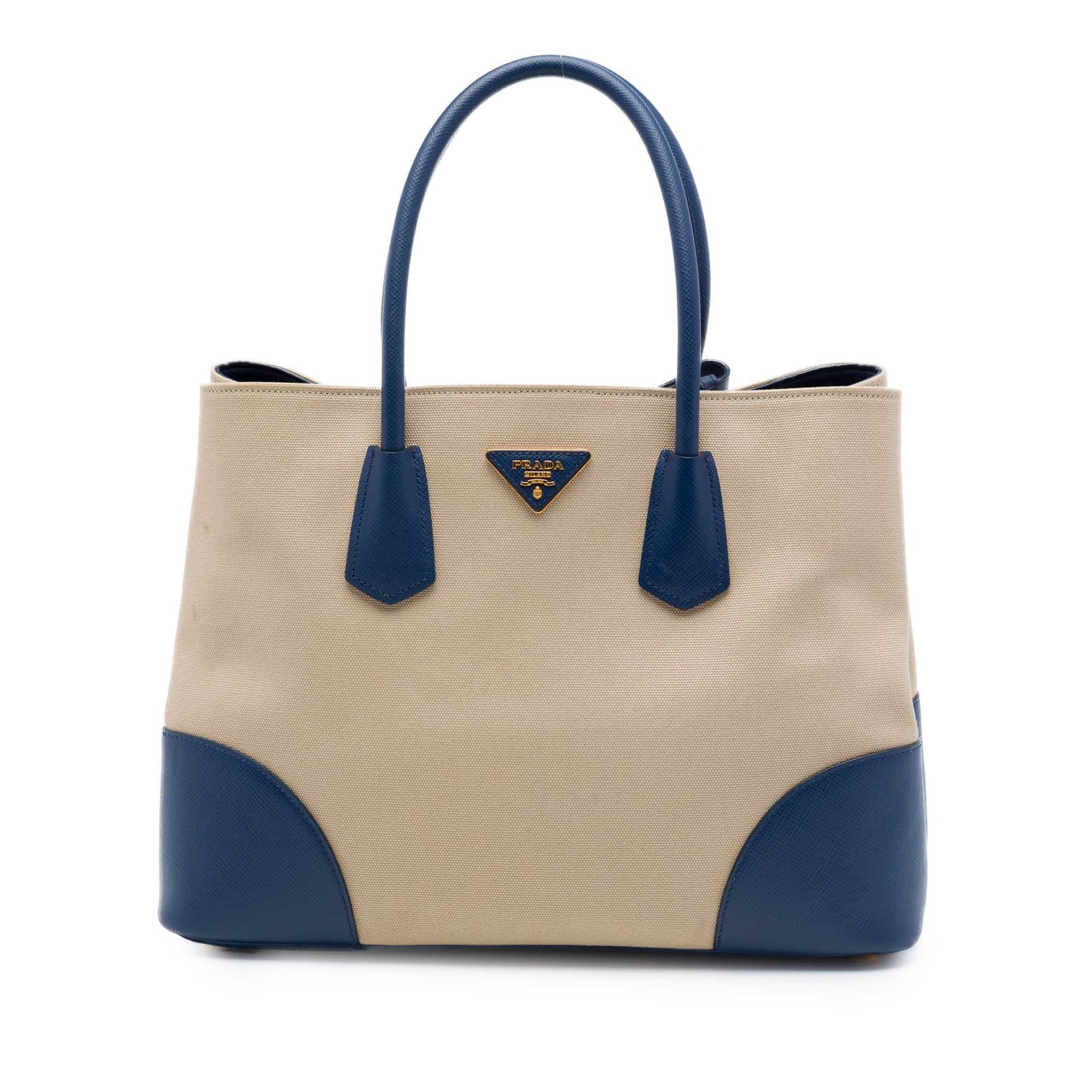 Prada Canapa Saffiano Double Satchel Large Beige Canvas Bag: Prada Canapa Saffiano Double Satchel Large Beige Canvas Bag Prada Large Canapa and Saffiano Double Satchel with a canvas body, saffiano leather trim, rolled saffiano leather handles, an open top, and 