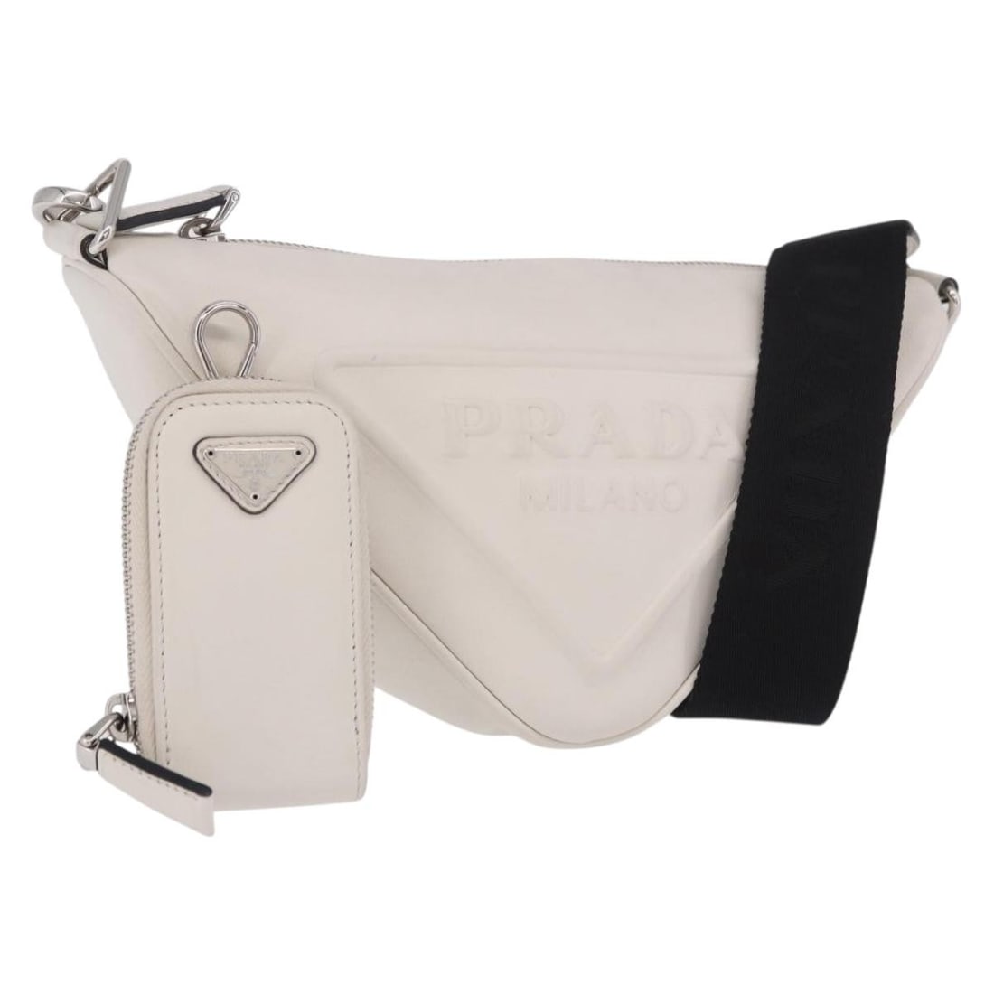 PRADA Leather Shoulder Bag White Silver with Dust Bag Pouch: PRADA Leather Shoulder Bag White Silver with Dust Bag Pouch Prada shoulder bag in leather with a white and silver color combination. Made in Italy, this women's bag measures approximately 25 cm wide, 