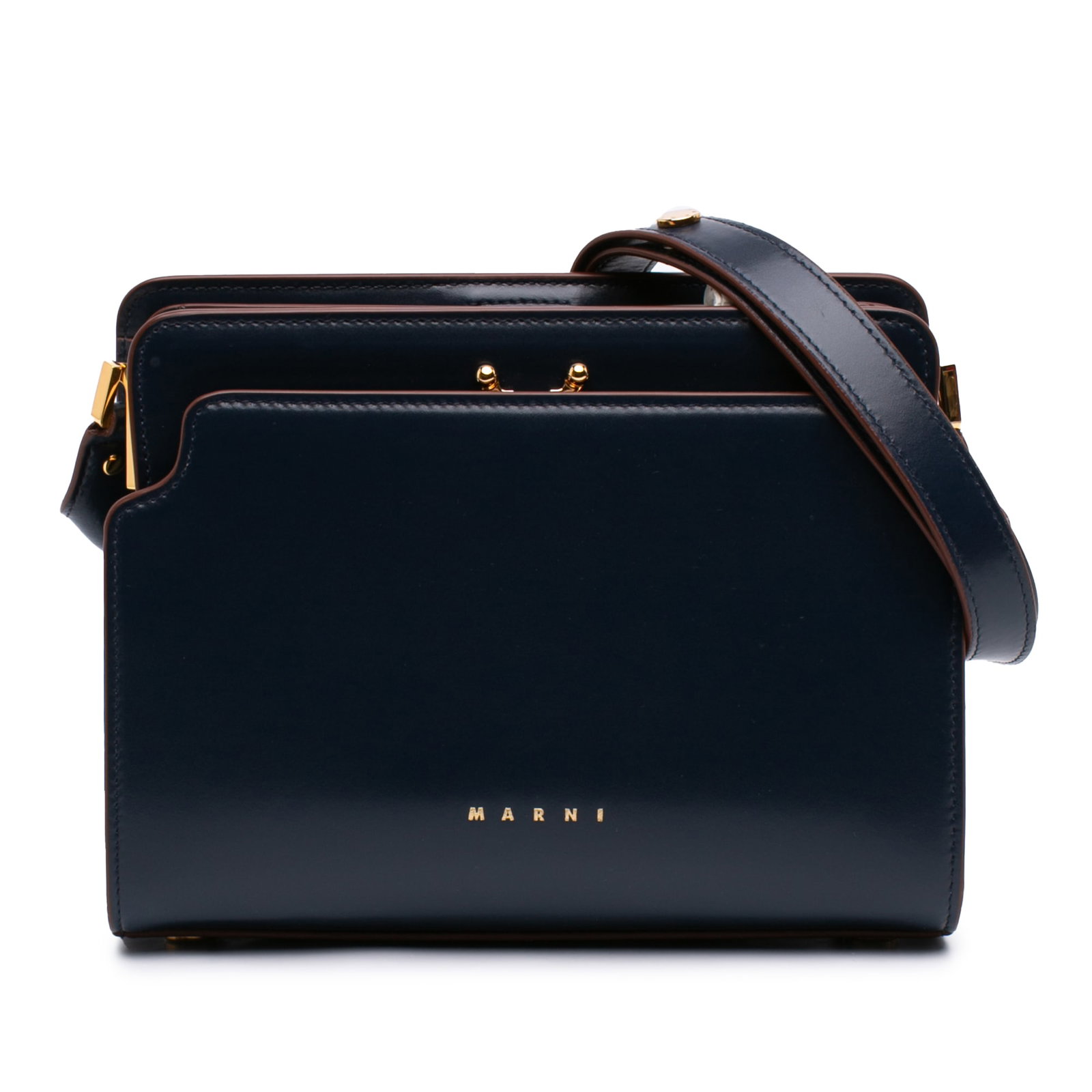 Marni Trunk Reverse Medium Leather Crossbody Bag Blue: Marni Trunk Reverse Medium Leather Crossbody Bag Blue Medium Trunk Reverse crossbody bag in blue leather with a flat leather strap, top zip closures, exterior front and back compartments, and interior