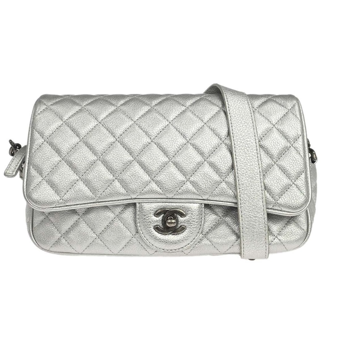 CHANEL Shoulder Bag Silver Calfskin Turn Lock Medium: CHANEL Shoulder Bag Silver Calfskin Turn Lock Medium Chanel shoulder bag in silver calfskin leather with a turn-lock closure and shoulder strap. This medium bag features one interior pocket and one in