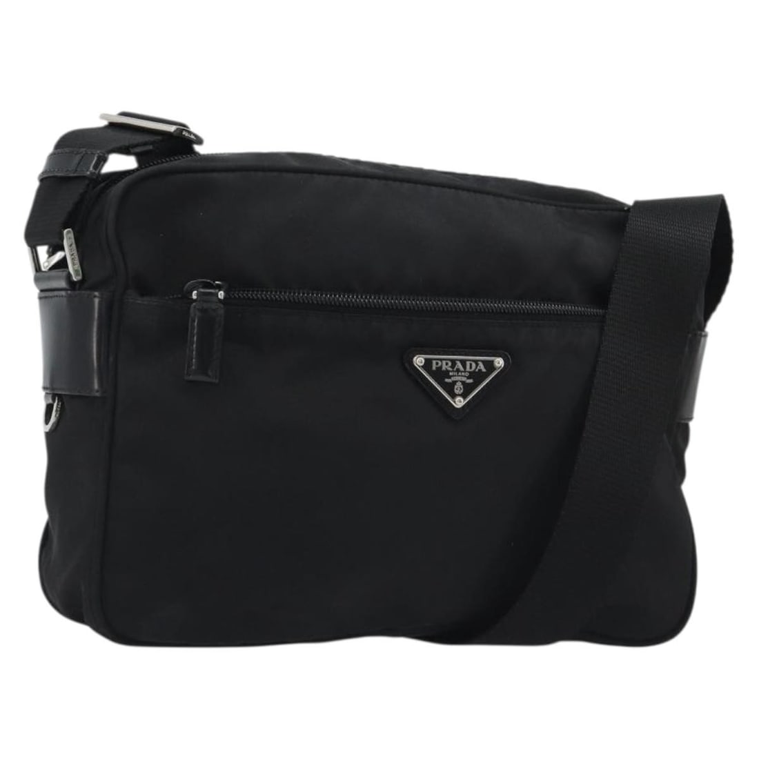 Prada Nylon Shoulder Bag Black Silver with Dust Bag: Prada Nylon Shoulder Bag Black Silver with Dust Bag Authentic Prada shoulder bag in black nylon with silver-tone accents. This women's bag includes a dust bag and is made in Italy. Condition is ranked