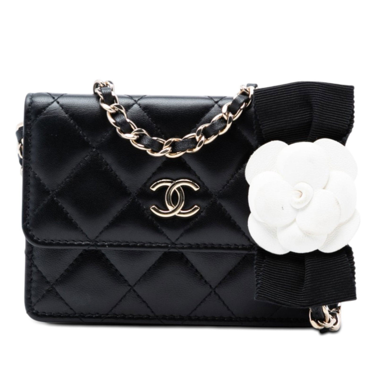 Chanel Camellia Bow Lambskin Chain Card Holder Crossbody Bag: Chanel Camellia Bow Lambskin Chain Card Holder Crossbody Bag This Chanel crossbody bag features a quilted lambskin leather body in black, accented with a chain curb strap with a leather guard and a fl