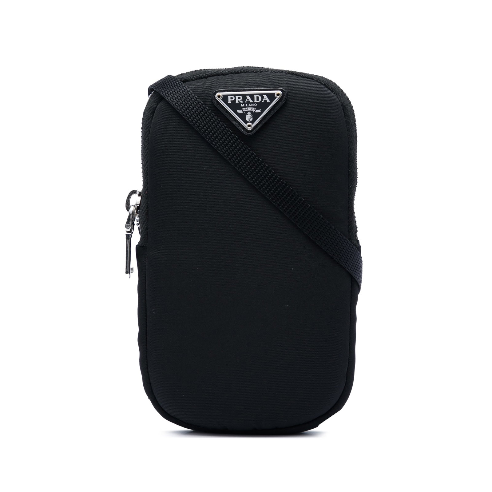 Prada Tessuto nylon phone bag black shoulder strap: Prada Tessuto nylon phone bag black shoulder strap Prada Tessuto Phone Holder in black, made with a nylon body and fabric material. It features a top zip closure and a flat shoulder strap. Origin: Ita