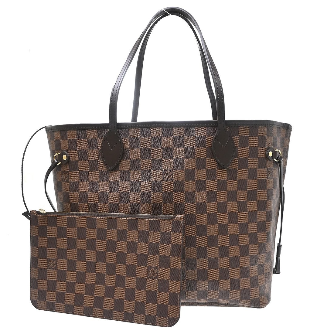 Louis Vuitton Neverfull MM tote in Damier Ebene with pouch: Louis Vuitton Neverfull MM tote in Damier Ebene with pouch Vintage Louis Vuitton Neverfull MM tote bag in brown Damier Ebene/monogram canvas with leather double handles and a beige canvas lining. This