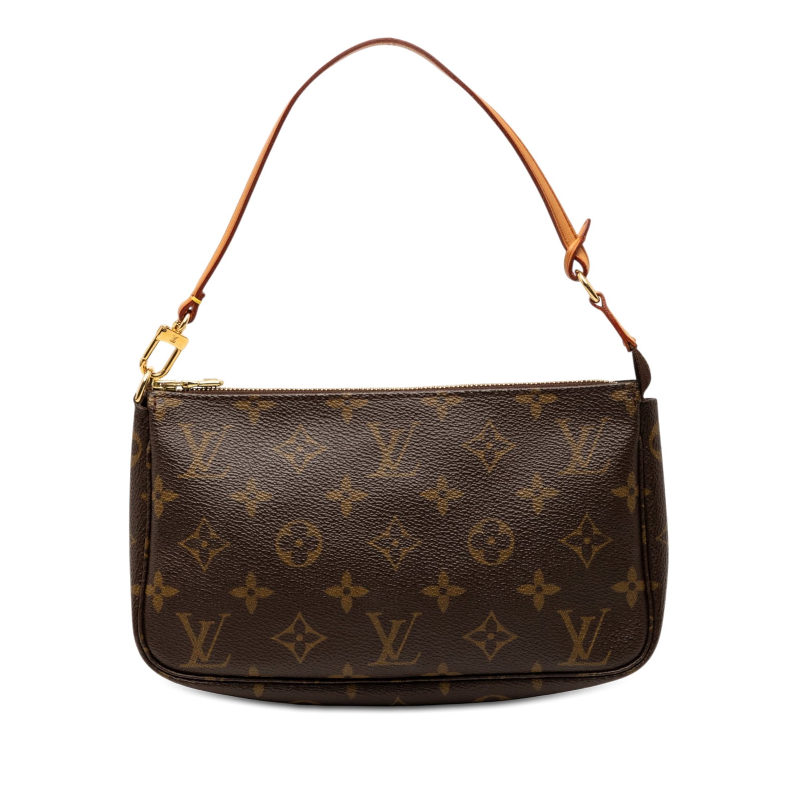 Louis Vuitton Monogram Pochette Accessoires Brown Canvas Handbag: Louis Vuitton Monogram Pochette Accessoires Brown Canvas Handbag Louis Vuitton Monogram Pochette Accessoires crafted with a monogram canvas body, a flat vachetta leather handle, and a top zip closure.