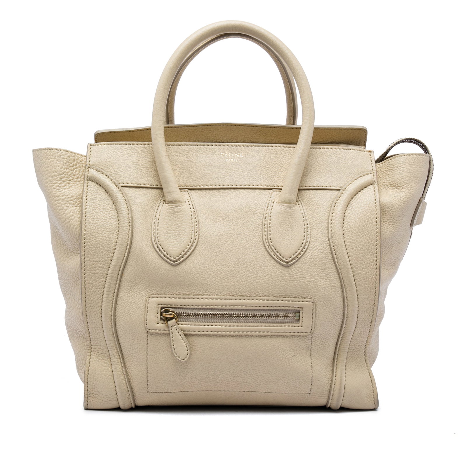 Celine Mini Luggage Tote in Beige Drummed Calfskin Leather: Celine Mini Luggage Tote in Beige Drummed Calfskin Leather Celine Mini Drummed Calfskin Luggage Tote in beige leather with rolled leather handles, a top zip closure, a front exterior zip pocket, and i
