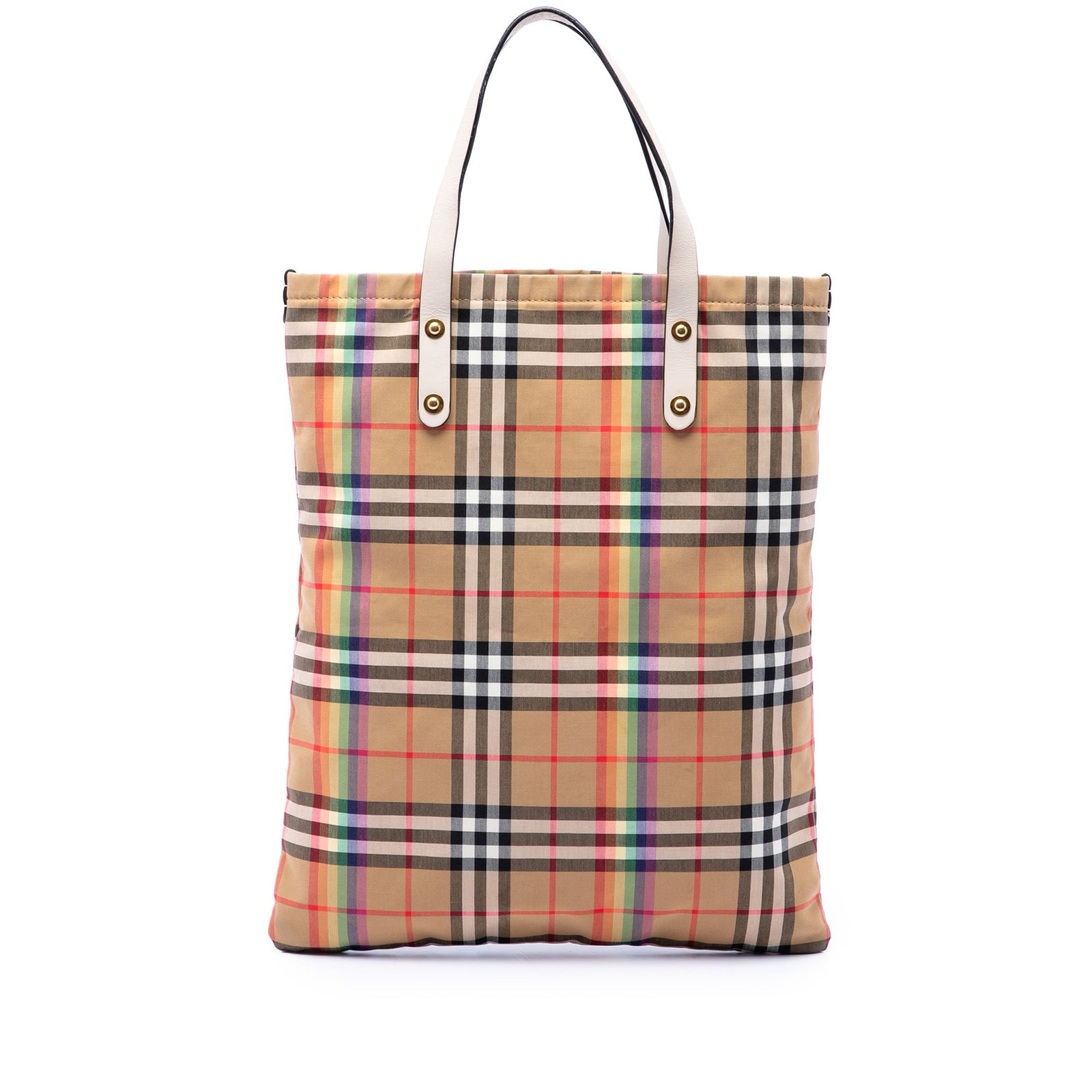 Burberry House Check Rainbow Tote Canvas Beige Italy: Burberry House Check Rainbow Tote Canvas Beige Italy Burberry House Check Canvas Rainbow Tote with a canvas body, flat leather straps, and an open top. Made in Italy. Condition is B+ with visible wear