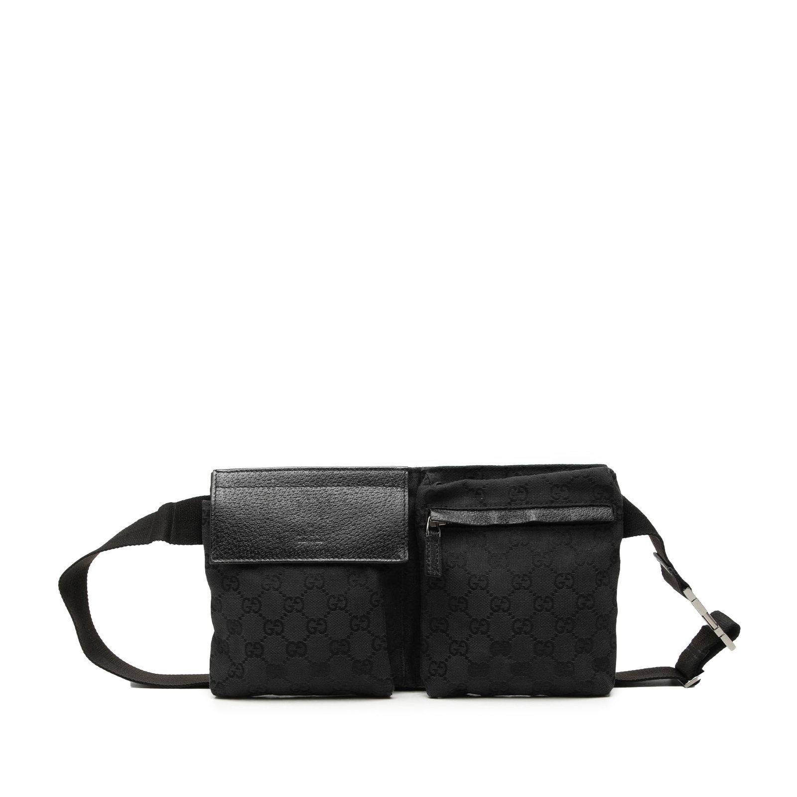 Gucci GG Canvas Double Pocket Waist Bag Black: Gucci GG Canvas Double Pocket Waist Bag Black Gucci GG Canvas Double Pocket Belt Bag with a canvas body, adjustable waist strap, exterior front flap compartment, exterior front zip compartment, and an
