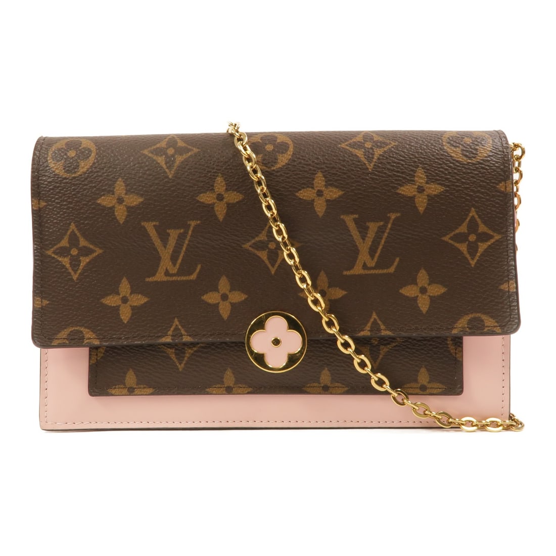 Louis Vuitton Flore Chain Wallet M67405 Monogram Shoulder Bag Pink Brown: Louis Vuitton Flore Chain Wallet M67405 Monogram Shoulder Bag Pink Brown Louis Vuitton Flore Chain Wallet shoulder bag in Monogram PVC coated canvas with a brown and pink colorway. This women's bag fe