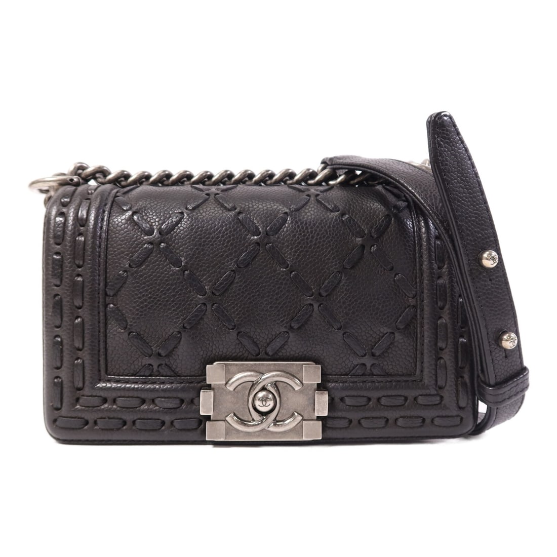 CHANEL Le Boy 20 Black Calfskin Shoulder Bag Silver Tone Hardware: CHANEL Le Boy 20 Black Calfskin Shoulder Bag Silver Tone Hardware A CHANEL Le Boy 20 chain shoulder bag in black calfskin leather with black frame color and CC SHW detailing. It features a flap closur