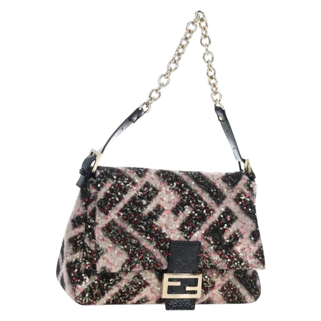 Fendi Mamma Baguette Chain Shoulder Bag Wool Black Pink Sequin Enamel: Fendi Mamma Baguette Chain Shoulder Bag Wool Black Pink Sequin Enamel Authentic FENDI Chain Mamma Baguette shoulder bag in black and pink wool with sequin and enamel detailing. This women's shoulder b
