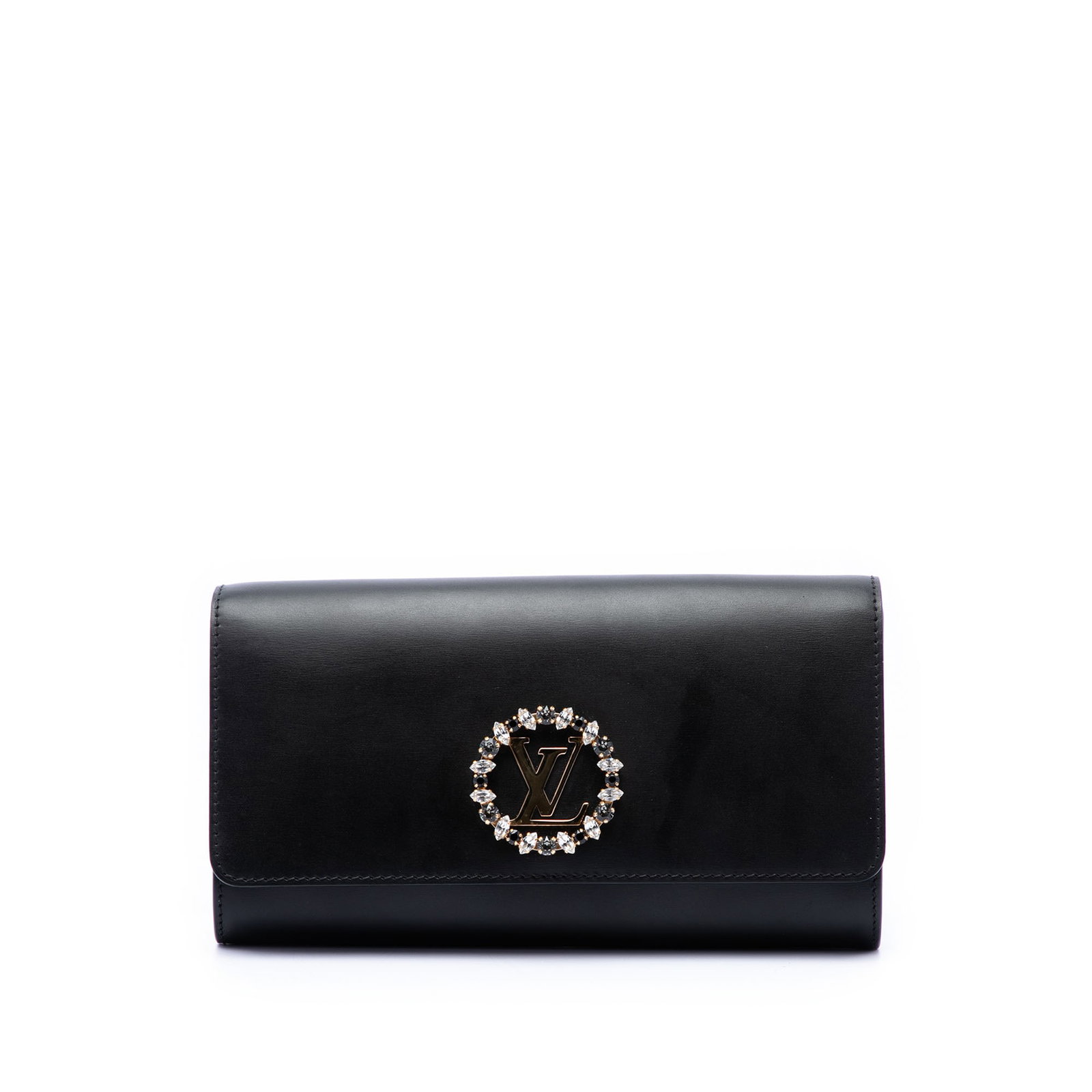 Louis Vuitton Crystal Louise leather clutch bag black: Louis Vuitton Crystal Louise leather clutch bag black Louis Vuitton Crystal Louise clutch crafted with a leather body and a flap closure with magnetic snap. The interior includes both zip and slip poc