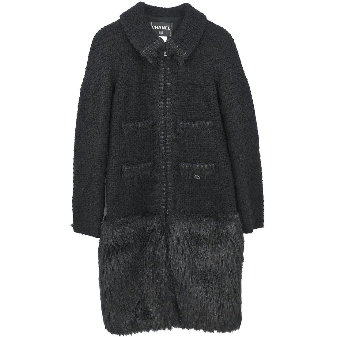 CHANEL P39552V28631 Black Long Wool Blend Overcoat Size 34: CHANEL P39552V28631 Black Long Wool Blend Overcoat Size 34 Vintage Chanel black long coat in an overcoat style with button closure and logo accents. Made in France, this women's regular-size coat is c