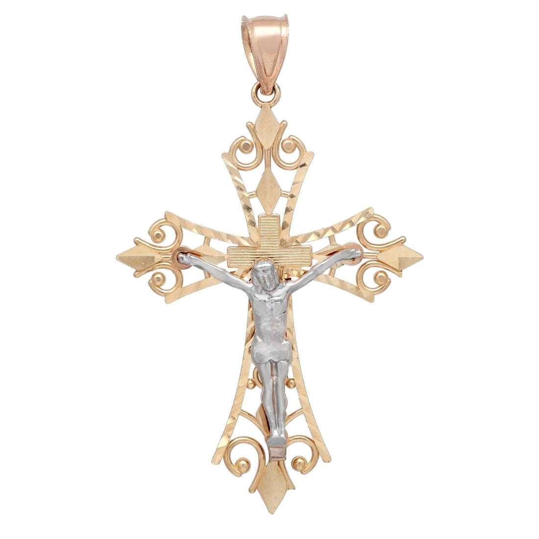 Rachel Koen 14K Two Tone Gold Filigree Cross Pendant 2 Inch: Rachel Koen 14K Two Tone Gold Filigree Cross Pendant 2 Inch This exquisite two-tone crucifix filigree cross pendant is crafted from lustrous 14K yellow and white gold, making it a meaningful accessory