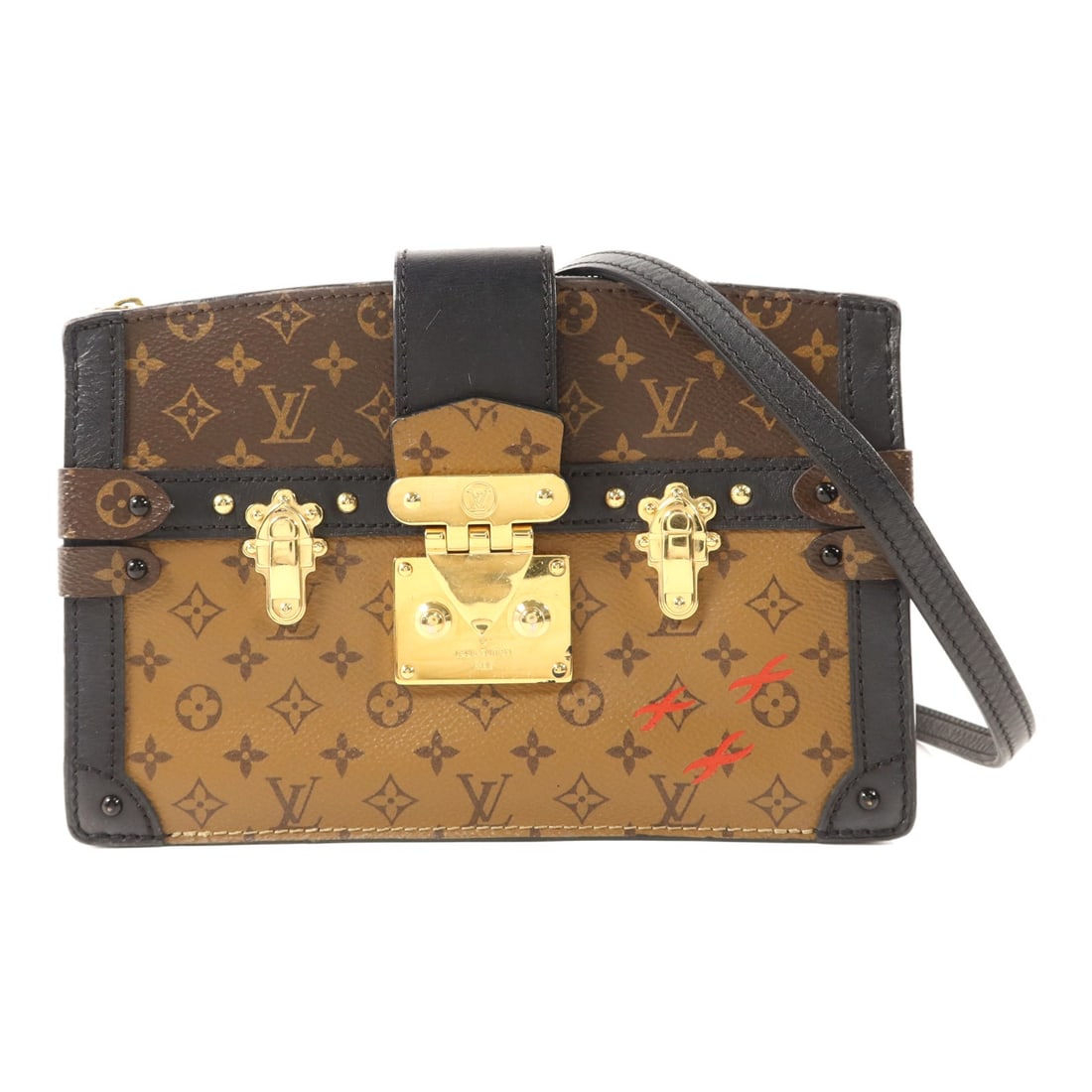 Louis Vuitton M43596 Trunk Clutch Shoulder Bag Monogram Reverse Brown: Louis Vuitton M43596 Trunk Clutch Shoulder Bag Monogram Reverse Brown Louis Vuitton Trunk Clutch Shoulder Bag, model M43596, in Monogram Reverse Brown. It is made from PVC coated canvas with a brown e