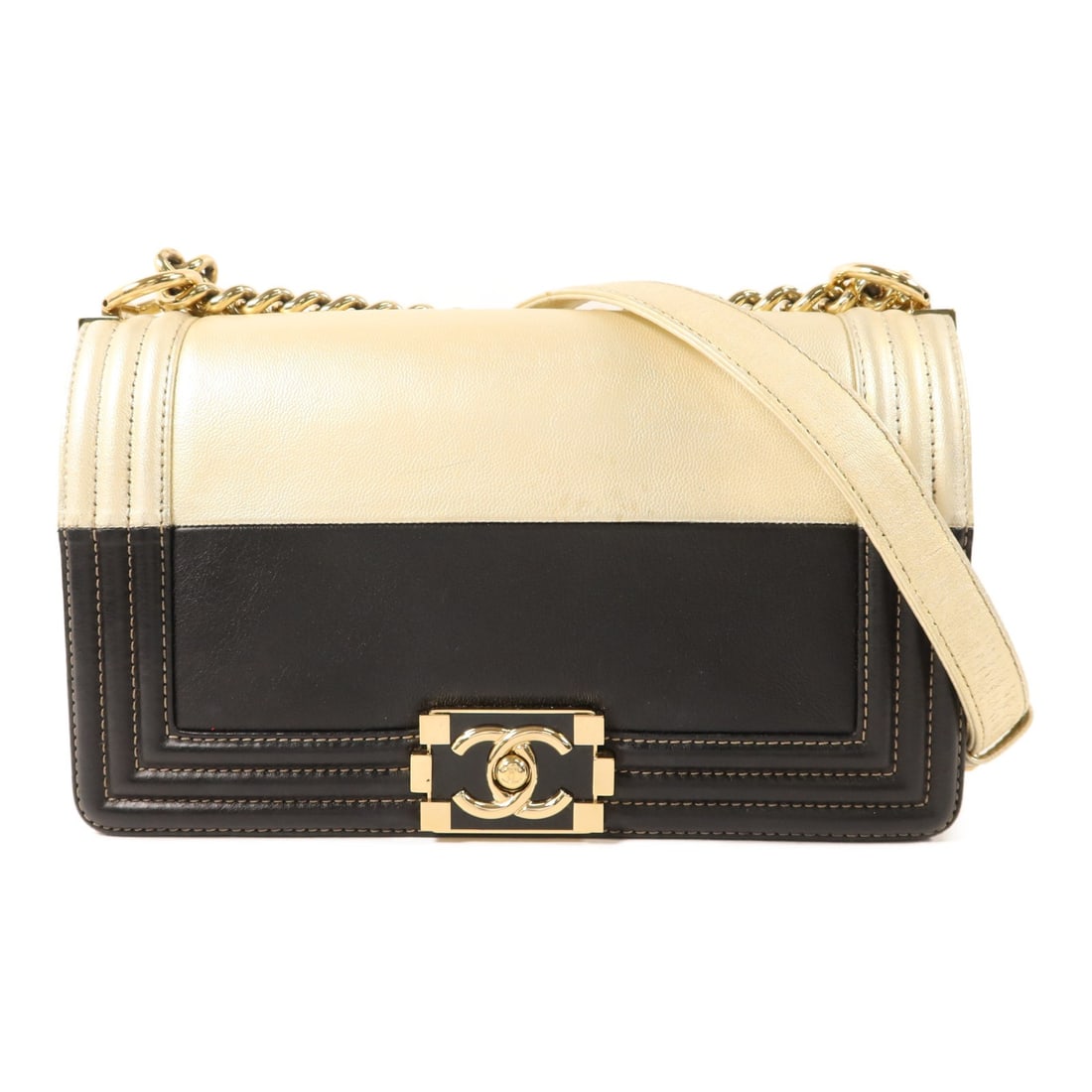 CHANEL Boy 25 A67086 Calfskin Shoulder Bag Beige Black: CHANEL Boy 25 A67086 Calfskin Shoulder Bag Beige Black Chanel Boy 25 chain shoulder handbag in beige and black calfskin leather. This women's shoulder bag features the CC design and includes a flap cl