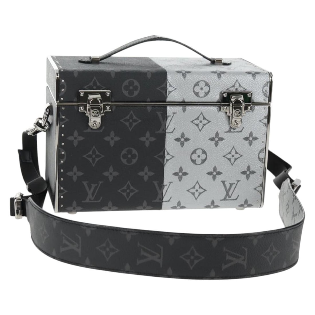 Louis Vuitton M21022 Mini Box Trunk Shoulder Bag Monogram Eclipse Canvas: Louis Vuitton M21022 Mini Box Trunk Shoulder Bag Monogram Eclipse Canvas Louis Vuitton Monogram Eclipse Split Mini Box Trunk Bag in Monogram Eclipse Canvas, made in France. This shoulder bag is design