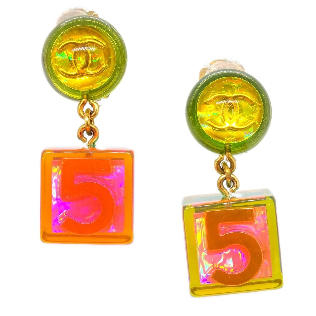 Vintage Chanel Clip On Dangle Earrings Gold Plated Multicolor: Vintage Chanel Clip On Dangle Earrings Gold Plated Multicolor Vintage Chanel clip-on dangle earrings featuring a cube drop design in gold plated metal and acrylic with multicolor accents. Made in Fran