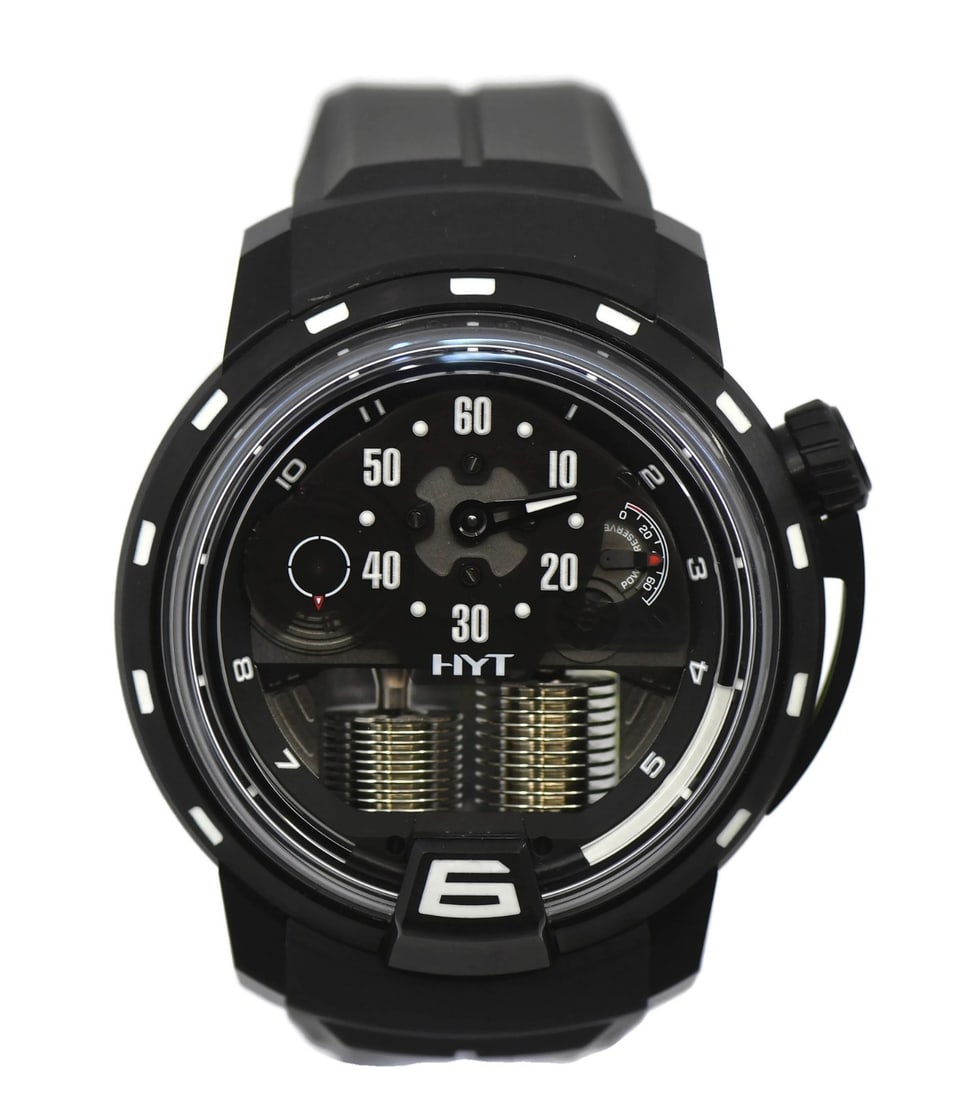 HYT Ghost H1 Manual Titanium Wristwatch with Rubber Band Ref 148-DL-60-NF-RU: HYT Ghost H1 Manual Titanium Wristwatch with Rubber Band Ref 148-DL-60-NF-RU The HYT H1 Ghost is a Swiss-made wristwatch featuring a manual mechanical movement. Its case is crafted from titanium, comp