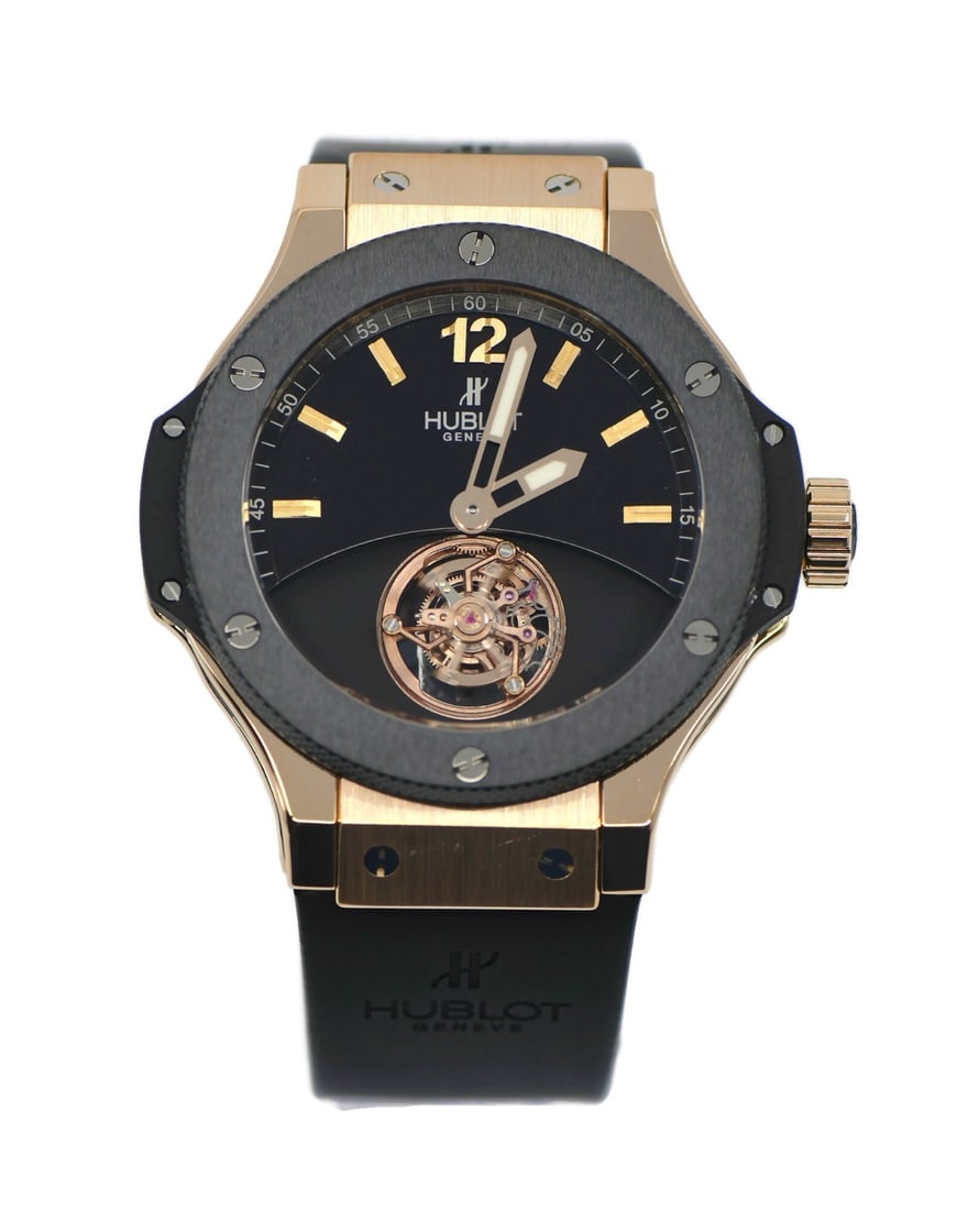 Hublot Big Bang Tourbillon 18K Rose Gold 44mm Watch 305.PM.131.RX: Hublot Big Bang Tourbillon 18K Rose Gold 44mm Watch 305.PM.131.RX Experience the elegance of the Hublot Big Bang Tourbillon, a stunning wristwatch crafted from 18K rose gold. This luxurious timepiece 
