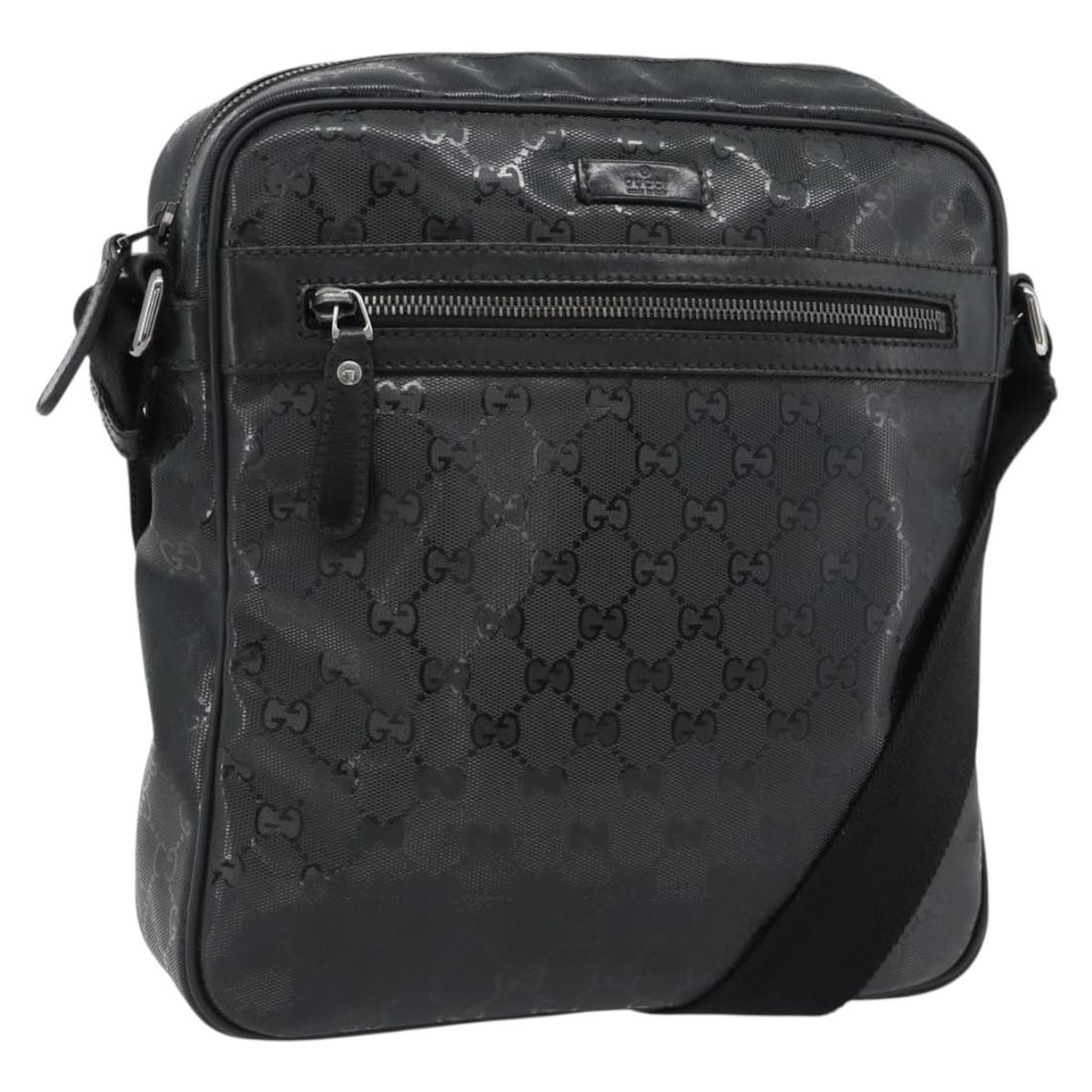 Gucci 201448 GG Canvas Shoulder Bag Black Silver PVC Leather: Gucci 201448 GG Canvas Shoulder Bag Black Silver PVC Leather This Gucci shoulder bag features black and silver coloring with PVC leather and GG canvas construction. Made in Italy, it has a structured 