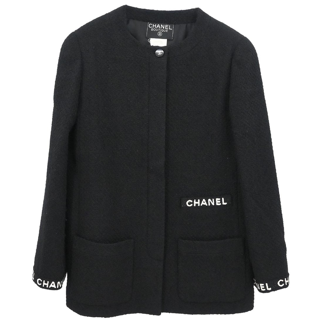 Vintage Chanel collarless wool jacket size 40 black France: Vintage Chanel collarless wool jacket size 40 black France Vintage Chanel single-breasted collarless jacket in black with long sleeves, a regular fit, and three exterior pockets. This women's mid-leng