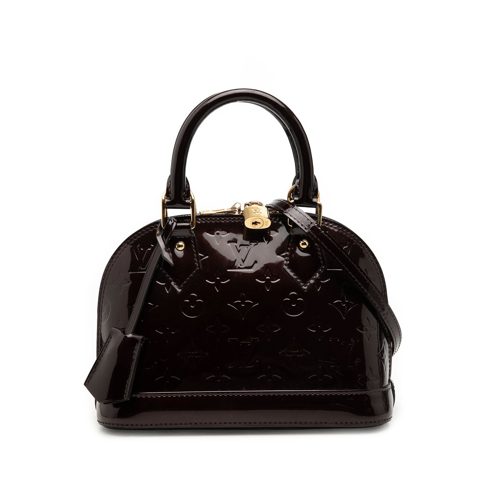 Louis Vuitton Alma BB Monogram Vernis Leather Handbag Purple: Louis Vuitton Alma BB Monogram Vernis Leather Handbag Purple Louis Vuitton Alma BB in Monogram Vernis leather with rolled leather handles, a detachable flat leather strap, top zip-around closure, cloc