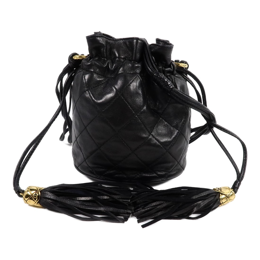 CHANEL CC Bucket Shoulder Bag Black Lambskin with GHW: CHANEL CC Bucket Shoulder Bag Black Lambskin with GHW Vintage bucket shoulder bag in black lambskin (sheep leather) with CC and gold-tone hardware. The bag is described as having reasonable wear and t