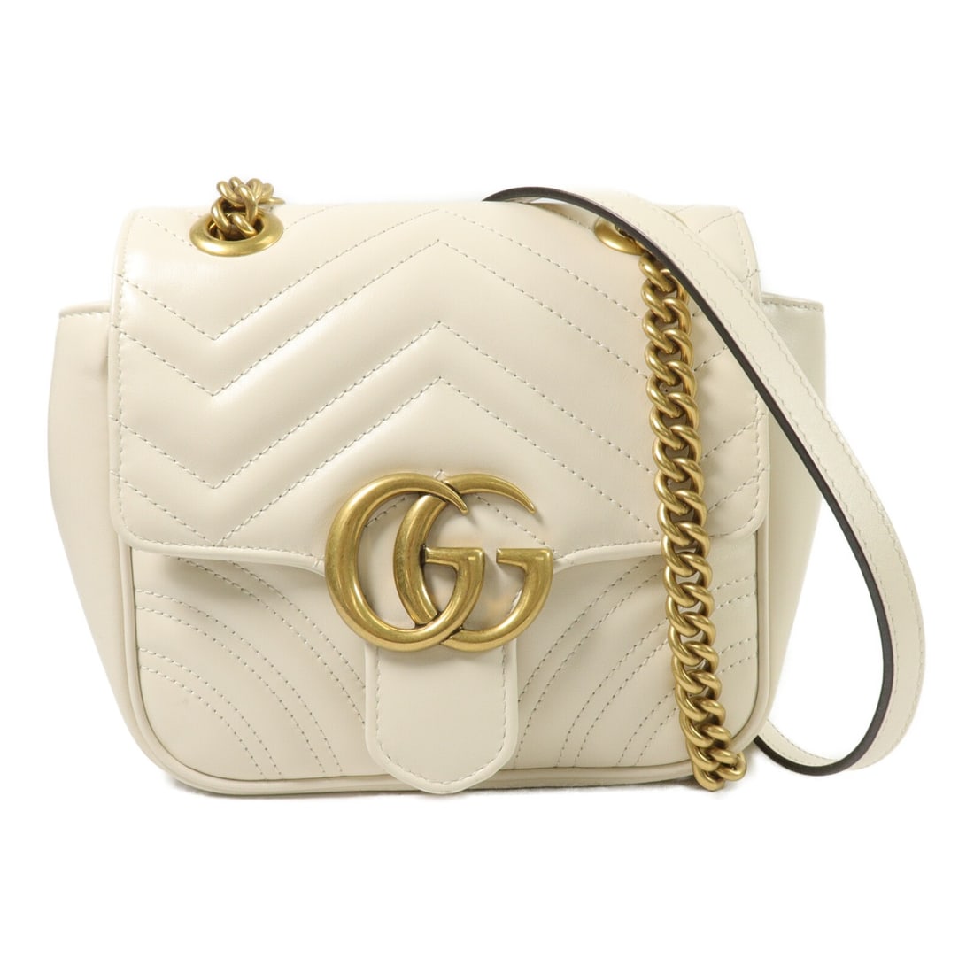 Gucci GG Marmont Mini Shoulder Bag 739682 White Calfskin: Gucci GG Marmont Mini Shoulder Bag 739682 White Calfskin GG Marmont mini chain shoulder bag in white calfskin leather with a shoulder strap and one open interior pocket. Made in Italy. Condition is AB