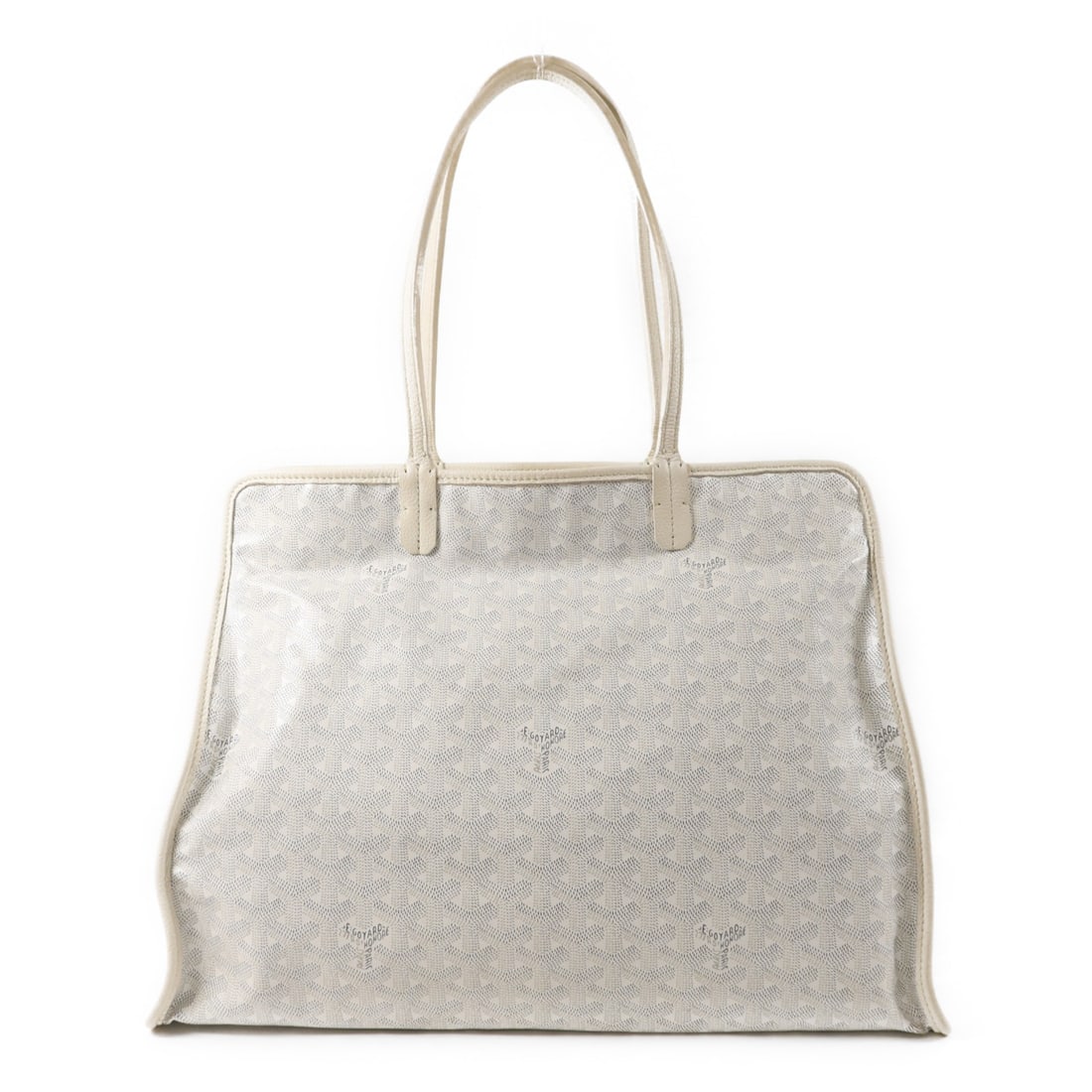 Goyard Sac Hardy PM White Calfskin Tote Bag SHW: Goyard Sac Hardy PM White Calfskin Tote Bag SHW A GOYARD Sac Hardy PM tote bag crafted in calfskin (cowhide) leather with a white exterior. This women's regular-size tote bag is made in France and com
