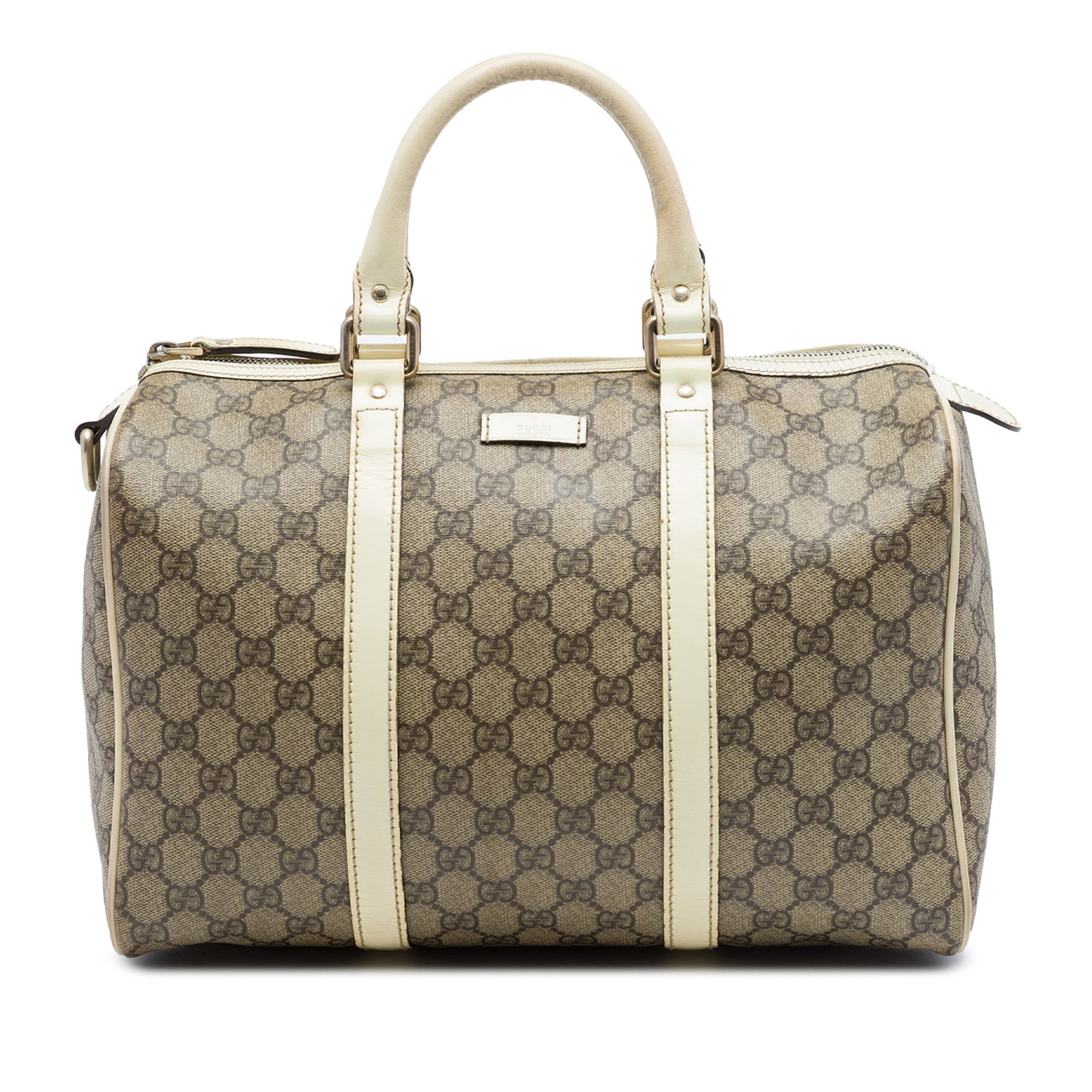Gucci Joy Boston Bag Medium GG Supreme Coated Canvas Beige: Gucci Joy Boston Bag Medium GG Supreme Coated Canvas Beige Gucci Medium GG Supreme Joy Boston Bag with a coated canvas body, leather trim, rolled leather handles, top zip closure, and an interior slip